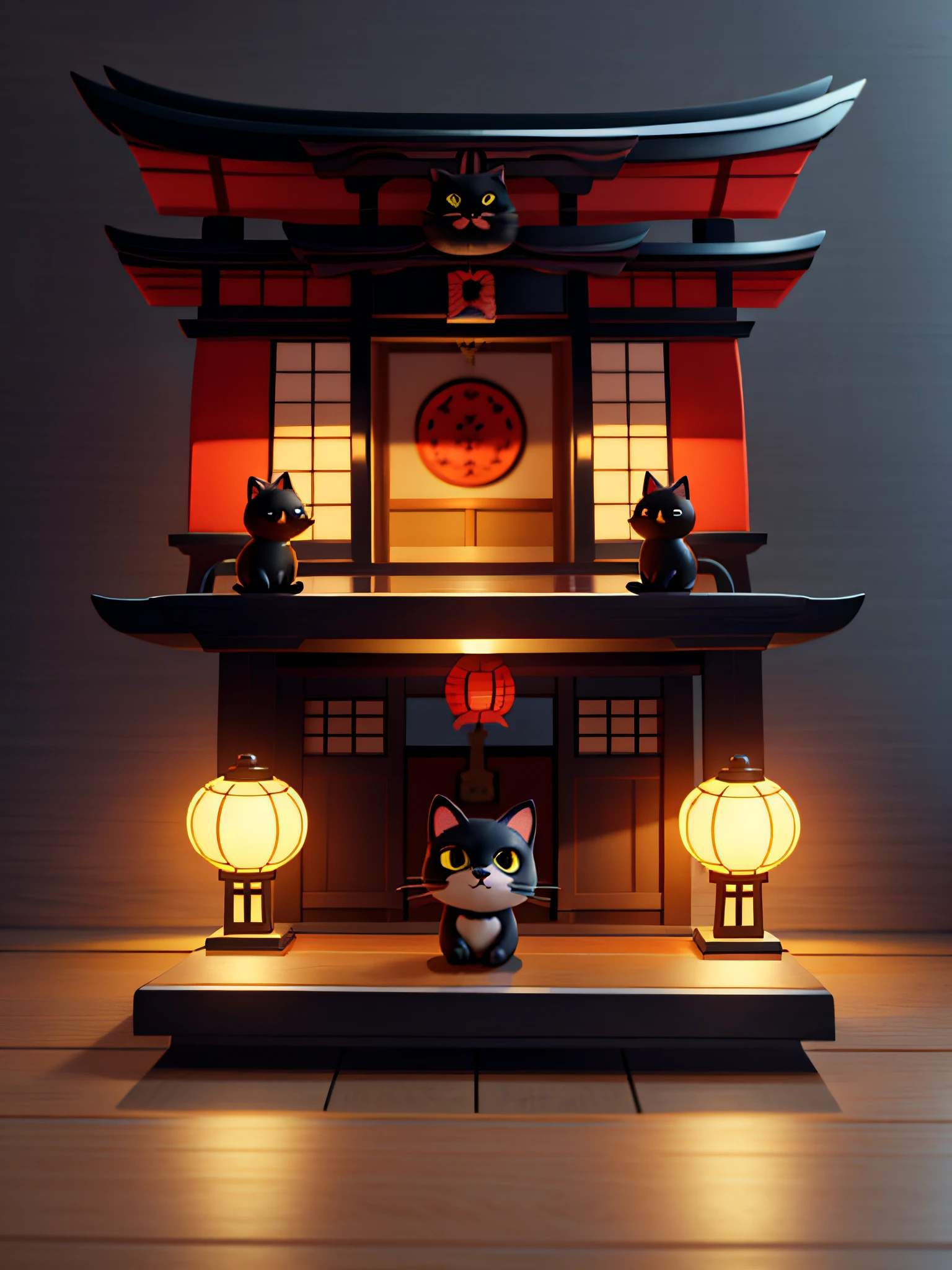a cat,cute cat,one body,one head,singl face,toy,vignette figure,whole body、1 cat、Cute Cat Figure、Deformed cat、Sparkling eyes、Cat whole body、Output image quality（add detail、The ultra -The high-definition、Masterpiece、hight resolution、8K、Award-winning works）、(intricate-detail、ultra-detailliert:1.2)、Cinematic Shots、vignettes、central、Japan motifs（shrines）、black cat、Chic impression、Muted shades、gentle shades、appearance々Proposing figures made of similar materials、Attractive composition、Attractive lighting、depth of fields、diorama、Figure material（woodenhor、Woody）