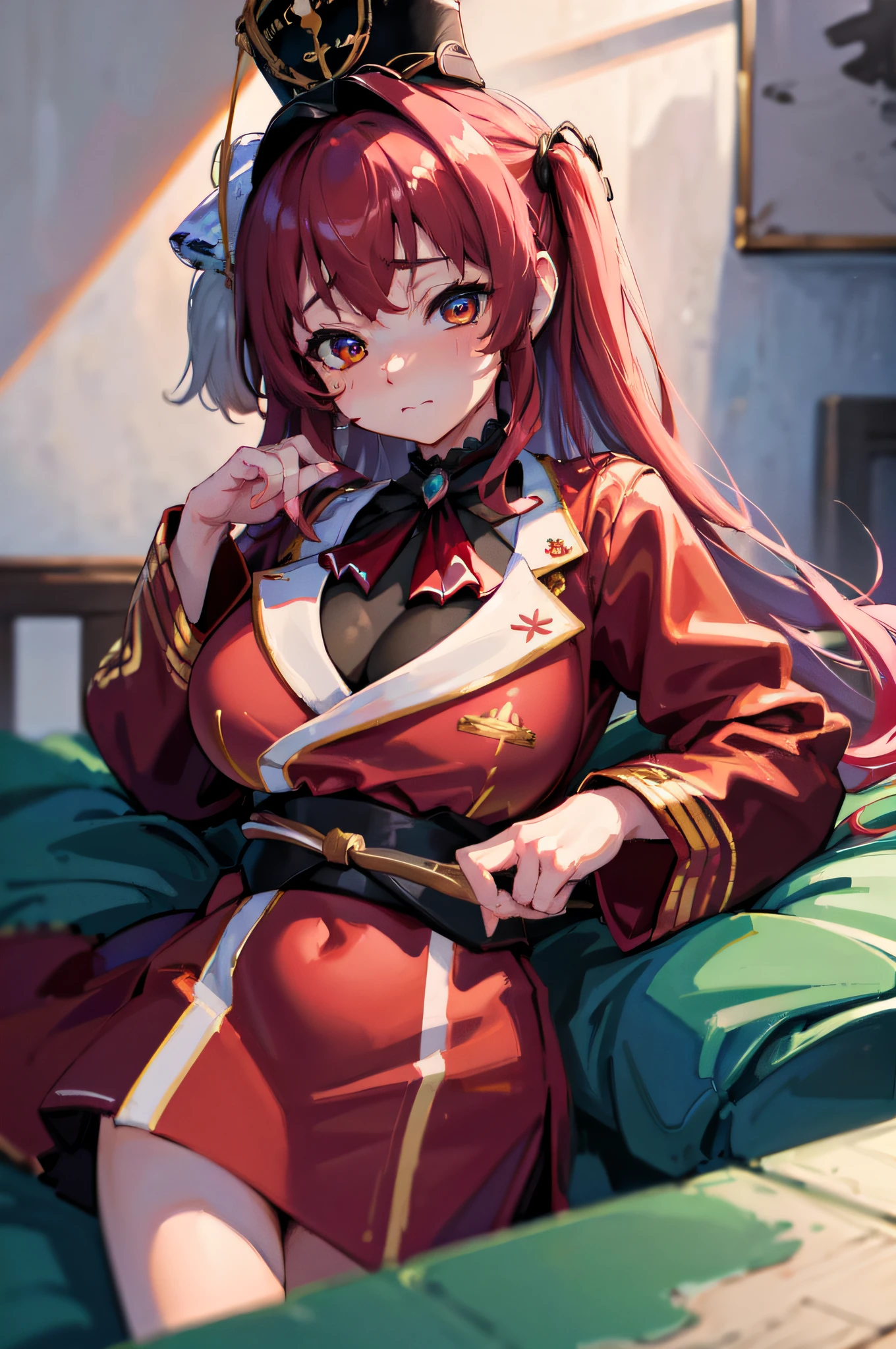 ((masterpiece)),(best quality,top quality,8k,32k),(illustration,waterpaint,paint,painting),ultra detailed eyes and face,surreal,Houshou Marine,cute japanese girl wearing red jacket,red long hair,hat,sexy face,shy,blur,big boobs,high res,high,bed