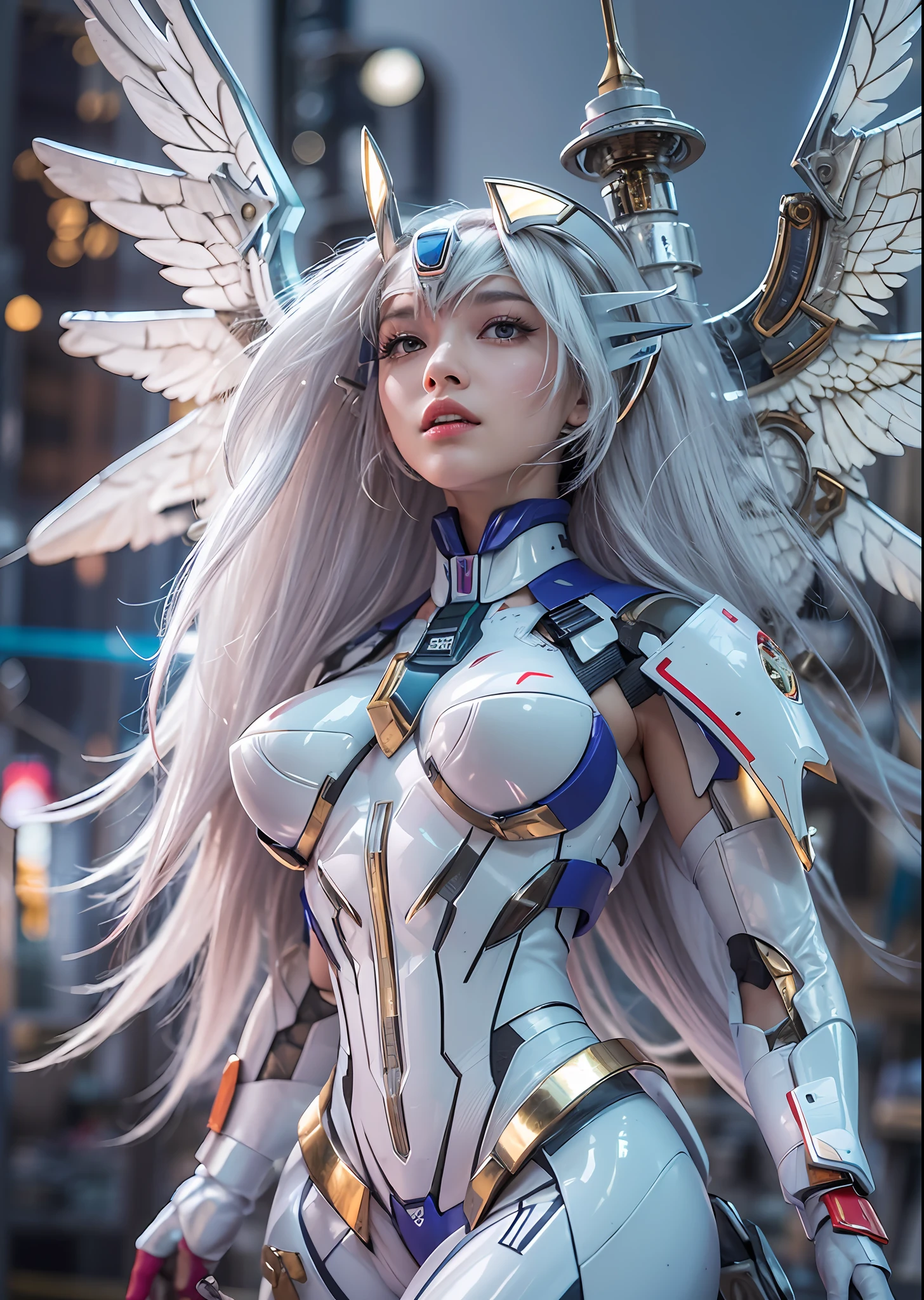 top-quality、​masterpiece、超A high resolution、(Photorealsitic:1.4)、Raw photo、Powered Suit Angel、large wings made of metal、White porcelain body、Acrylic Clear Cover、white  hair、glowy skin、1 Powered Suit Girl、((super realistic details))、portlate、globalillumination、Shadow、octan render、8K、ultrasharp、character edge light,Colossal tits、Raw skin is exposed in cleavage、Details of complex ornaments、Zeta Gundam details、Hydraulic cylinder、Small LED lamp、highly intricate detail、Realistic light、a purple eye、radiant eyes、Facing the camera、neon details、cowboy  shot、Futuristic headgear、The background is a steampunk city、、