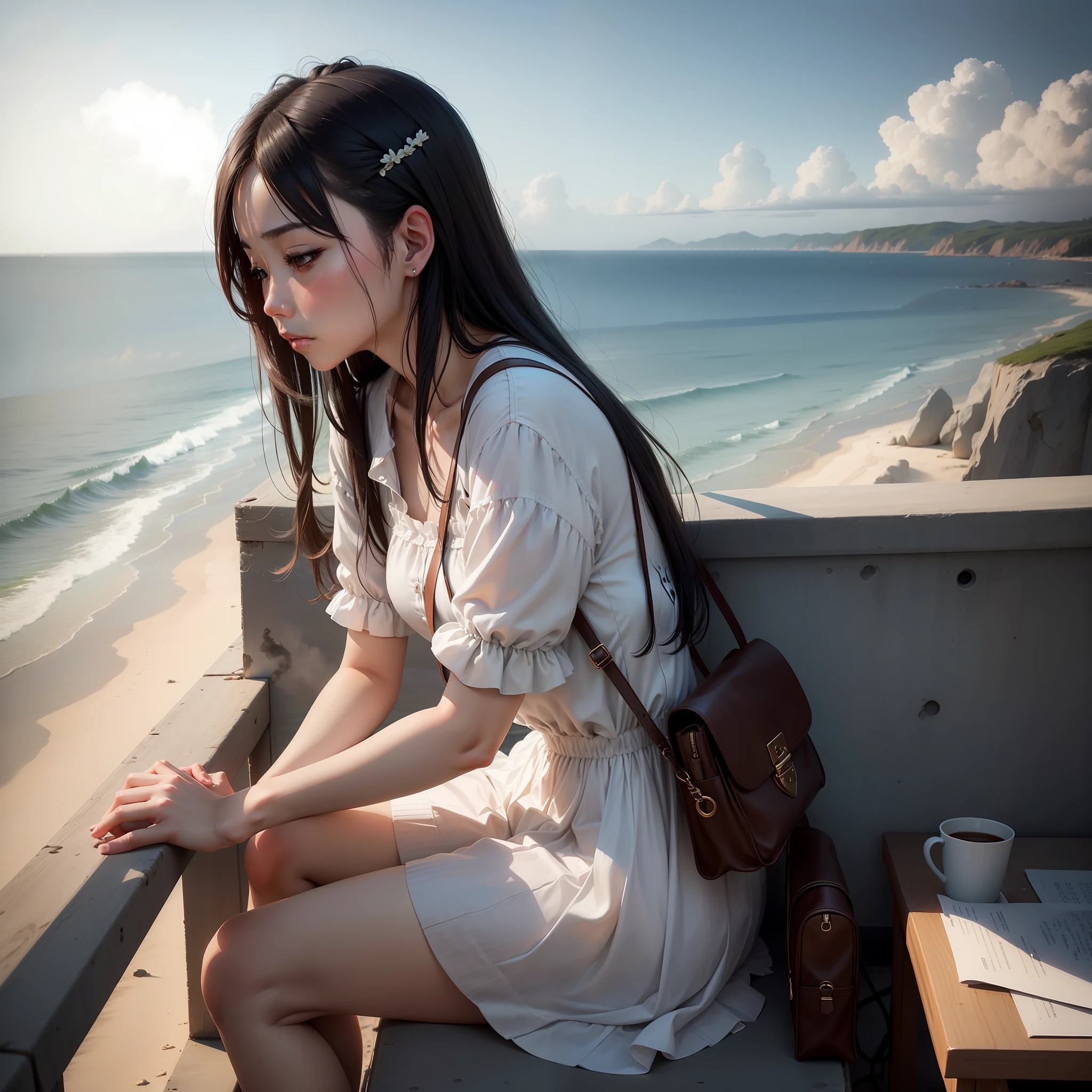 A person sitting alone by the sea,looking at the distance,Gently purse the smell of smoke on your lips。