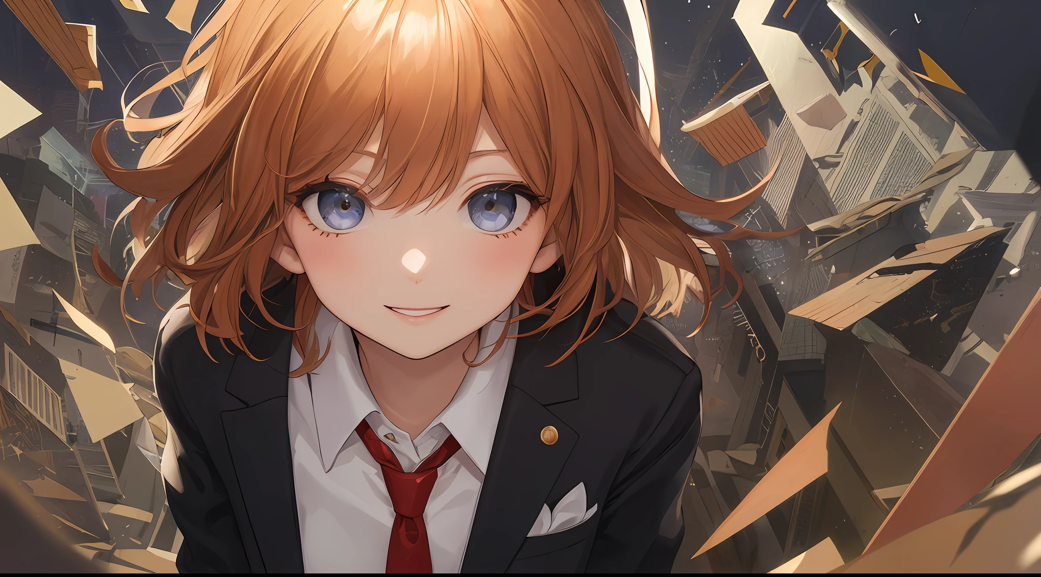 (masterpiece、top-quality)・(Masterpiece, top quality, super detailed CG, beautiful detailed eyes, super detailed, intricate details:1.2), 8k wallpapers, elaborate features,
(1 person, solo:1.4)perfect cartoon illustration,(1 person, solo:1.4)
(realistic textures:0.8), high res, cute, (vivid colors, dynamic lighting:1.0), (high contrast:0.8),
Young boy, high school boy, tall, smiling, waving, short hair, dark eyes, school uniform, black blazer (1.2), black slacks, white shirt (1.1), red tie, sun, dispersion of light, wind blowing