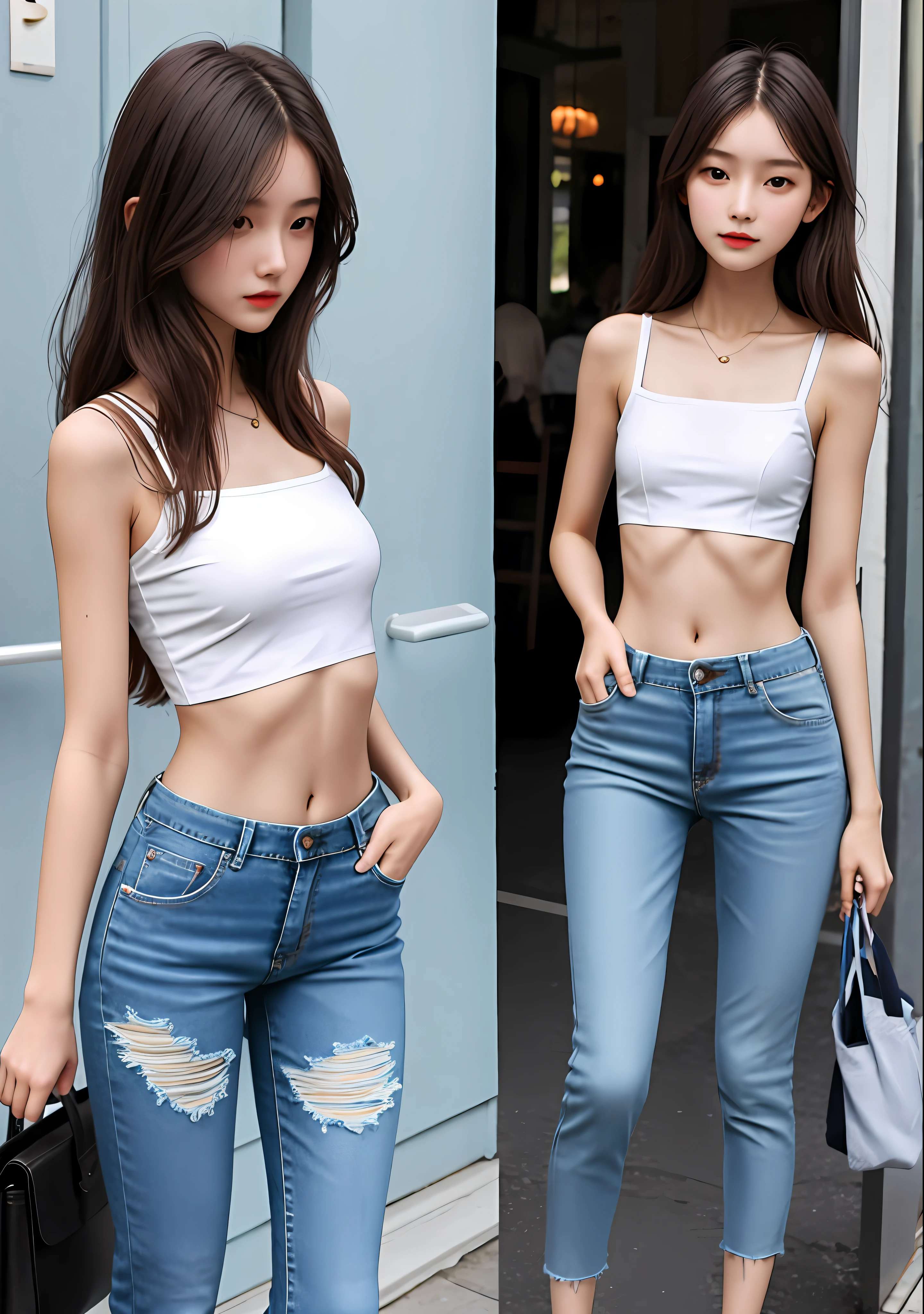 Need，Pure face，18-year-old girl，Slender long legs，Slim figure，Smaller bust，Smaller hip circumference，Crop topping，shorter pants，