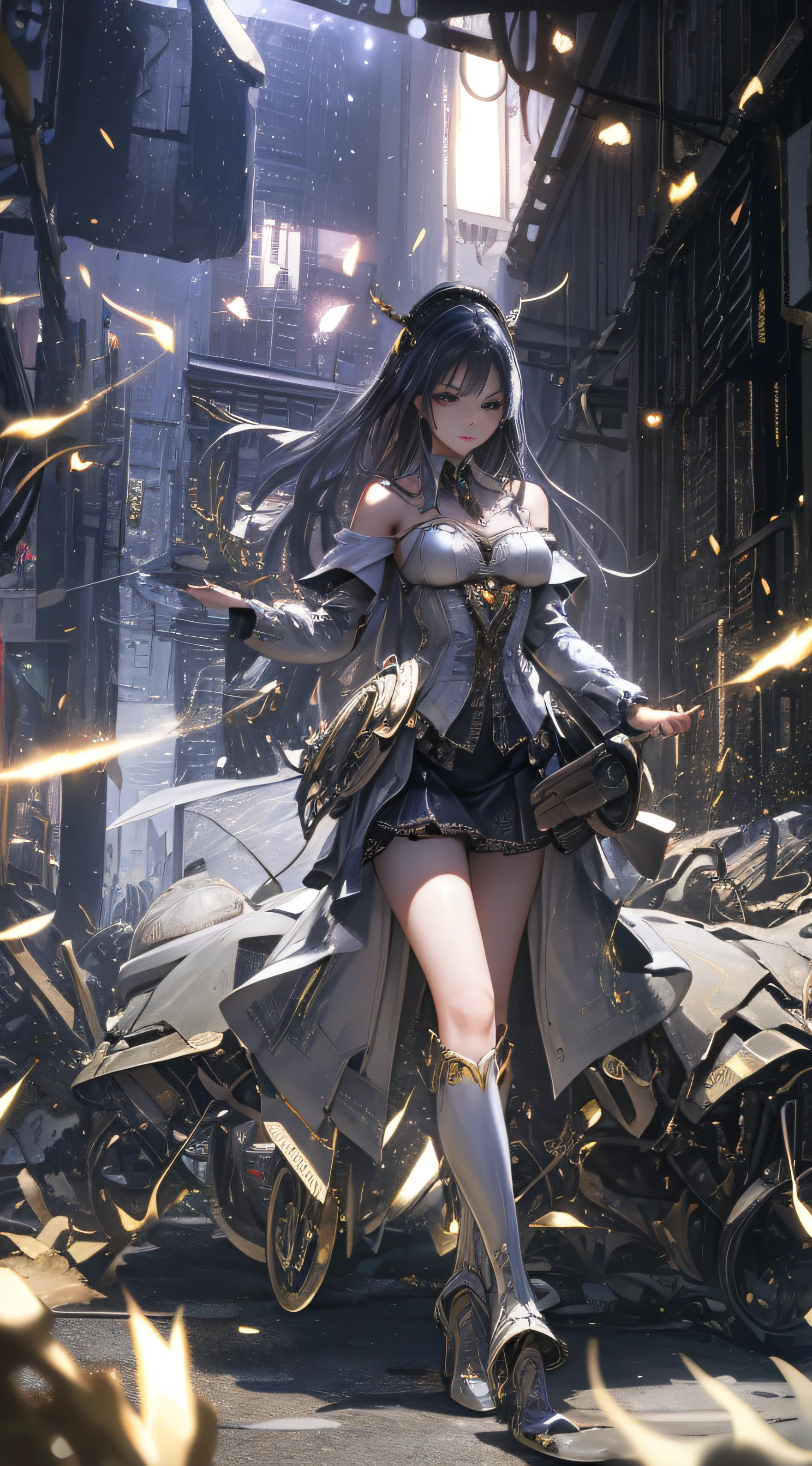((Super Best Quality)), ((Very Masterpiece)), ((Super detail:1.4)), ((3d ultrarealistic)), android mage girls, Mechanical body, Dynamic Full Body Action Pose in Battle Scenes, Very Complex and Heavy Fighter Mechanical Armament, Off-the-shoulder fashion fused with detailed and intricate steampunk and detailed gothic ta, intricate steampunk headgear, very thin long legs, mechanical boots above the knee, fluttering lace flared miniskirts, upturned and beautiful little breasts, rather long vertical curly silver hair driven by the wind, countless shining large spheres flying around, many sparks crossing and splashing, countless neon lights raining down from poses that evoke magic, steampunk factories, Intricate and precise mechanical ruins, very dark night backgrounds, Very dramatic and cinematic lighting.