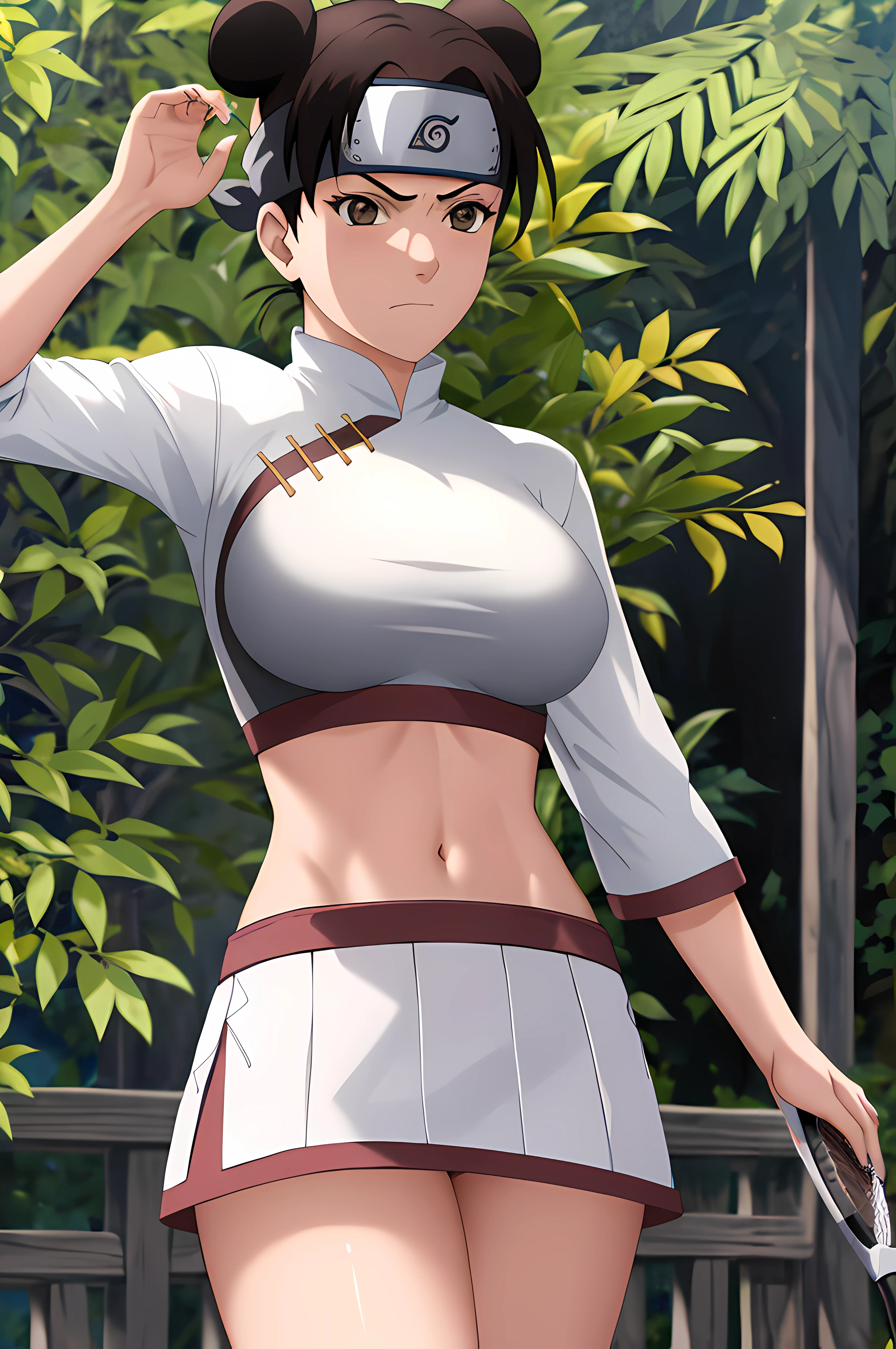 masterpiece, absurdres , (intricate details), (colorful),cinematic lighting,bust shot,extremely detailed CG unity 8k wallpaper,tenten\(shippuden\), 1girl, solo, large breasts, forehead protector, konohagakure symbol, headband, looking at viewer, frown, (white sports bra), (white miniskirt), (field background), blushing, tennis racket, skinny waist, ((busty)),