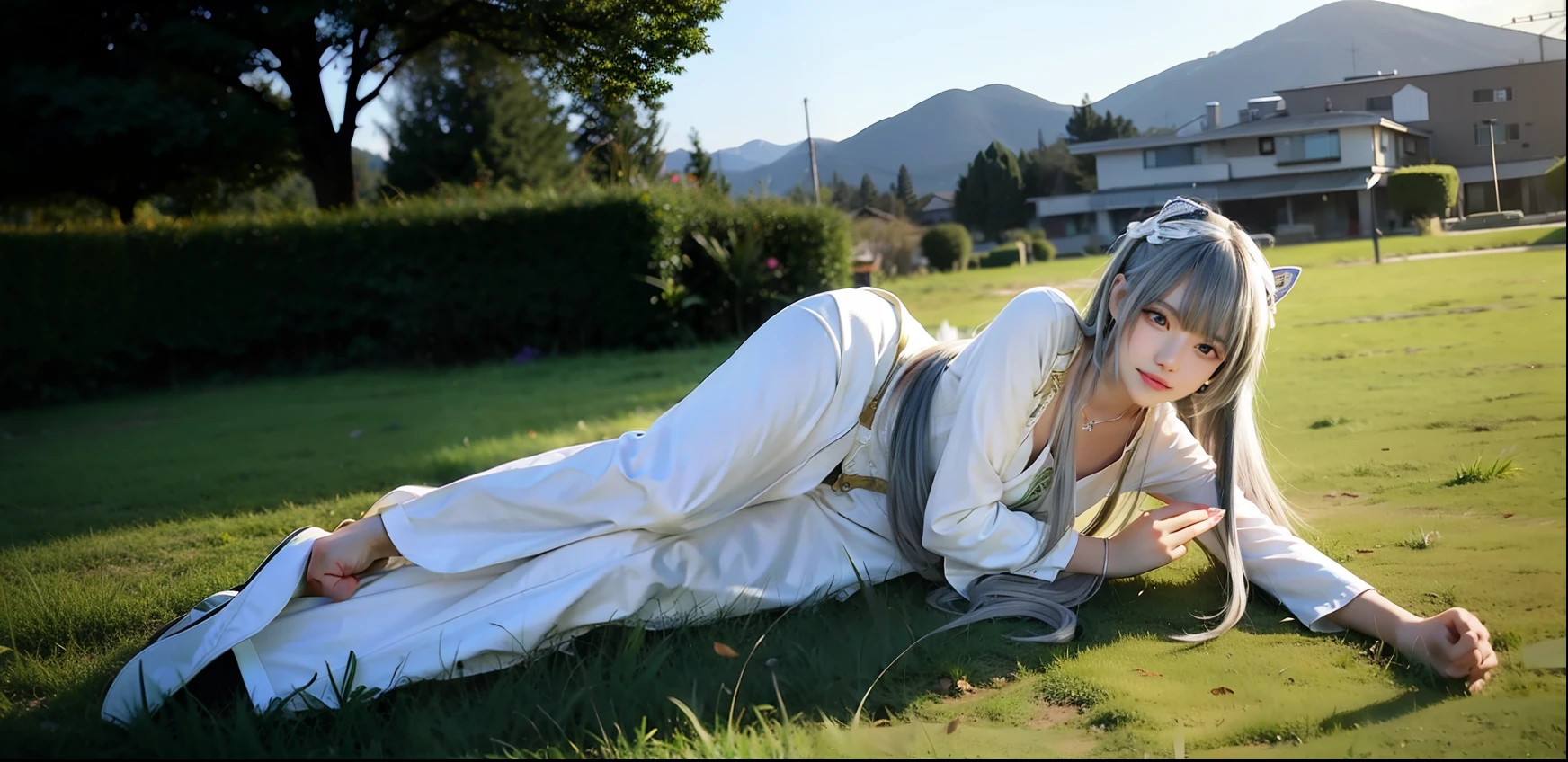Kizi,exteriors,silber hair,Green grasslands,cinematric light,chase,natta,Flashlight