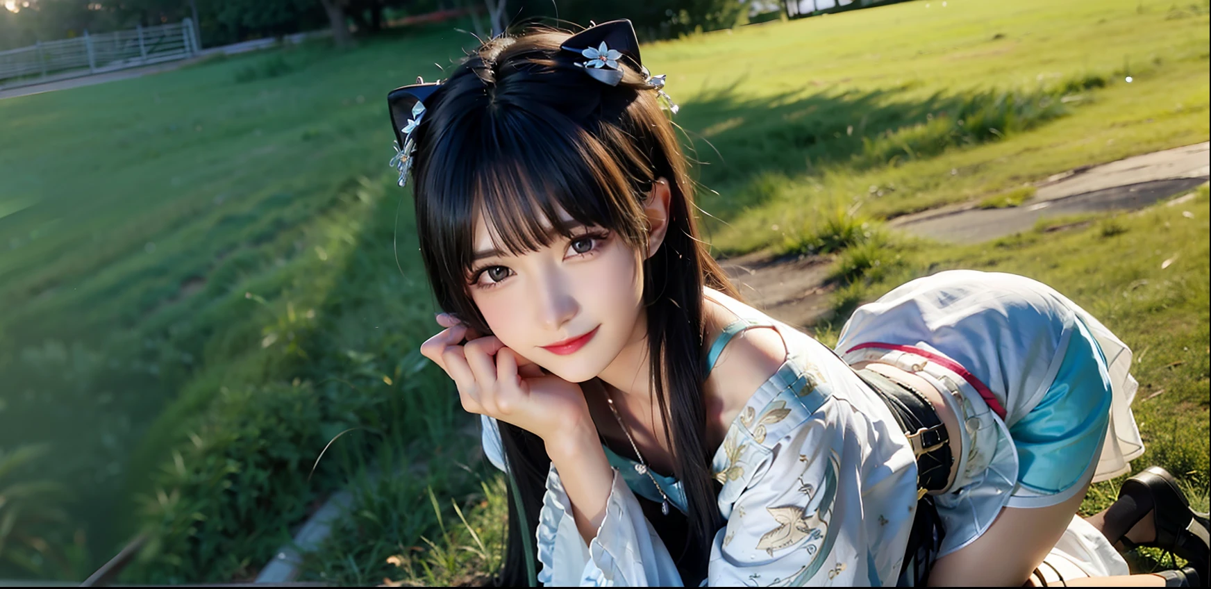 Kizi,exteriors,silber hair,Green grasslands,cinematric light,chase,natta,Flashlight