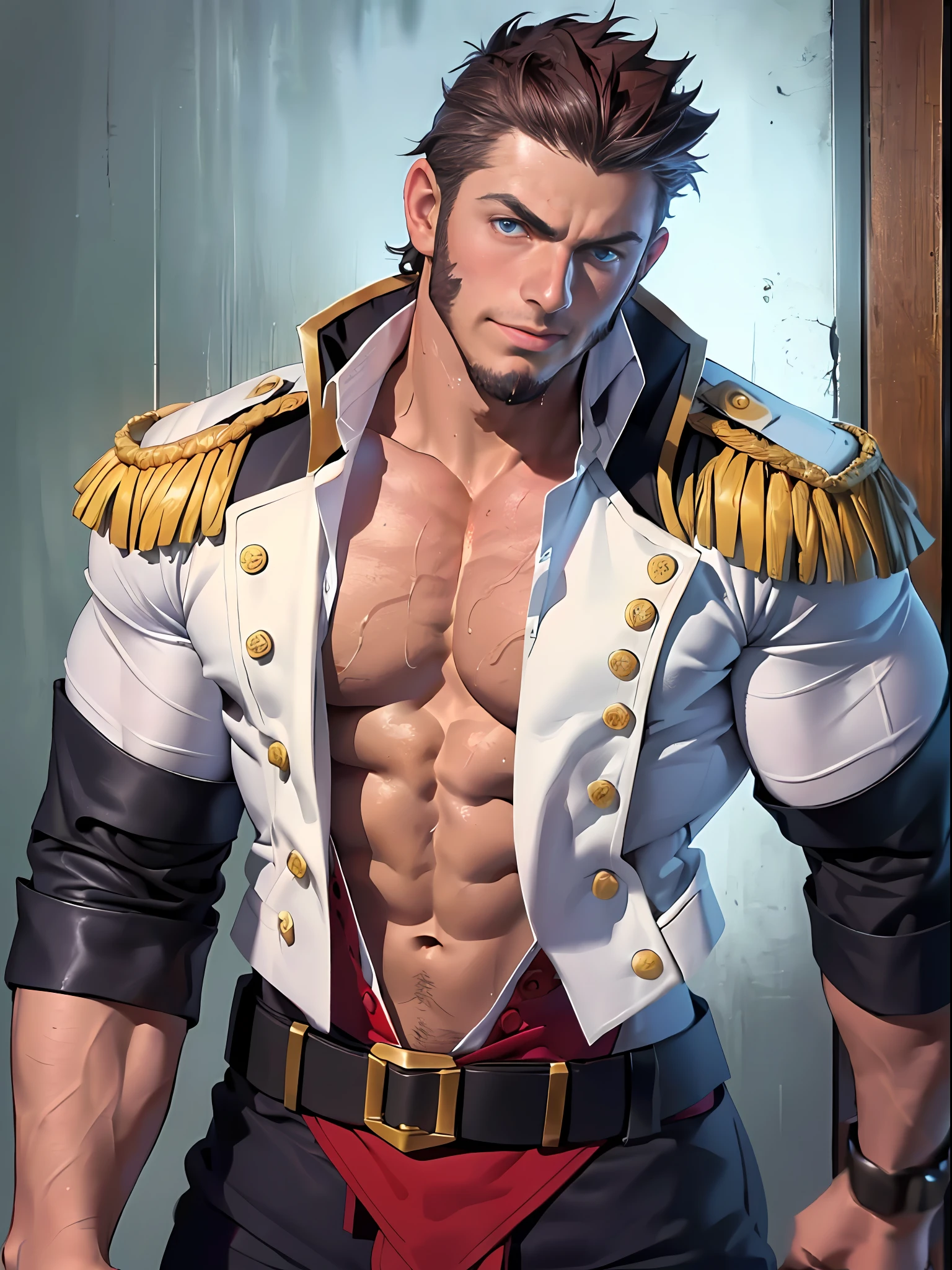 masterpiece, 8k, best details, highly detailed, wallpaper, photographic, raw photo, good lighting, shadows, detailed face, ((passionate, romantic),(bara hunk with bulging muscles and rugged uniform, anatomically correct),(best quality anime fate)),  Napoleon Bonaparte from Fate, full body, wet uniform