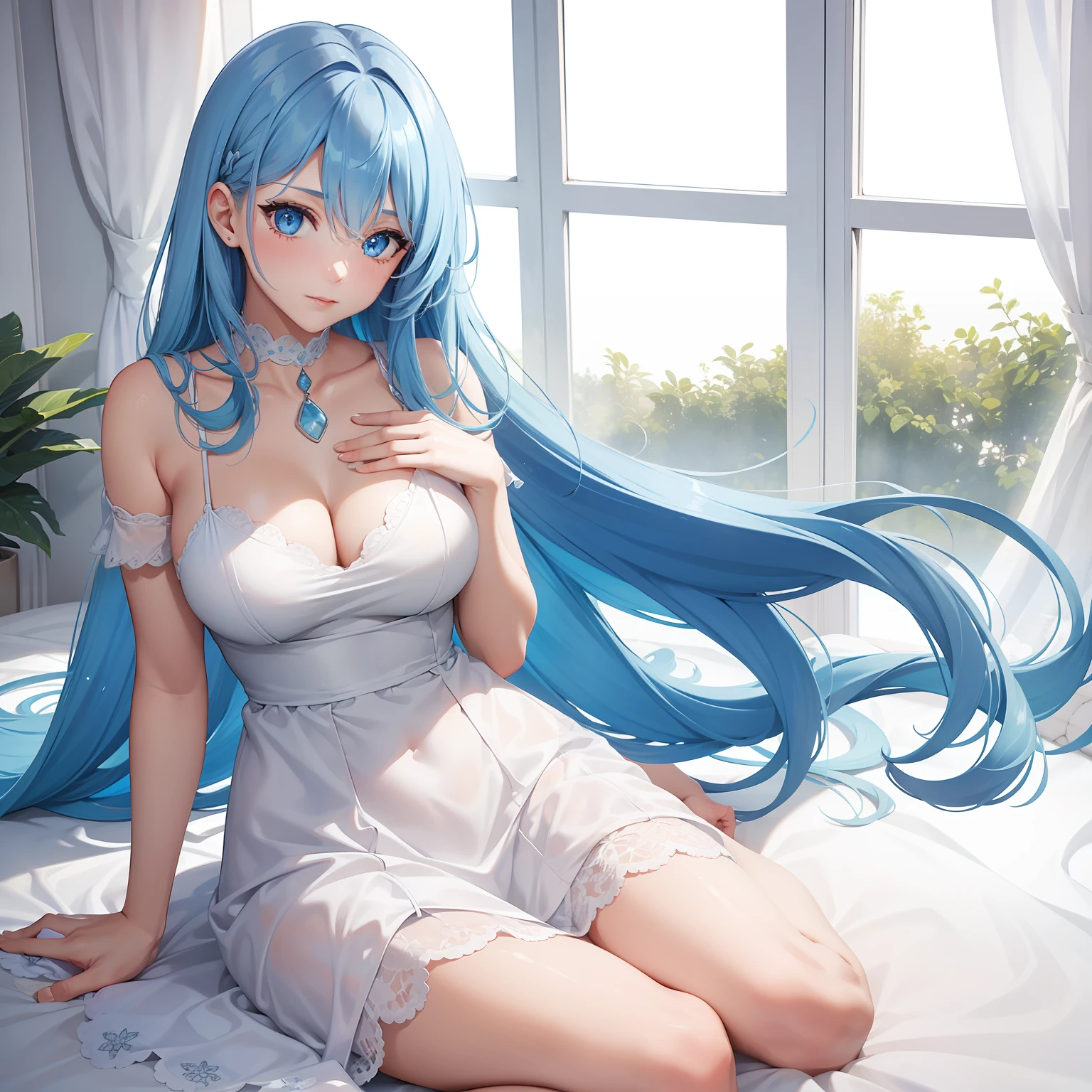 a women, blue hair, blue eyes, white dress