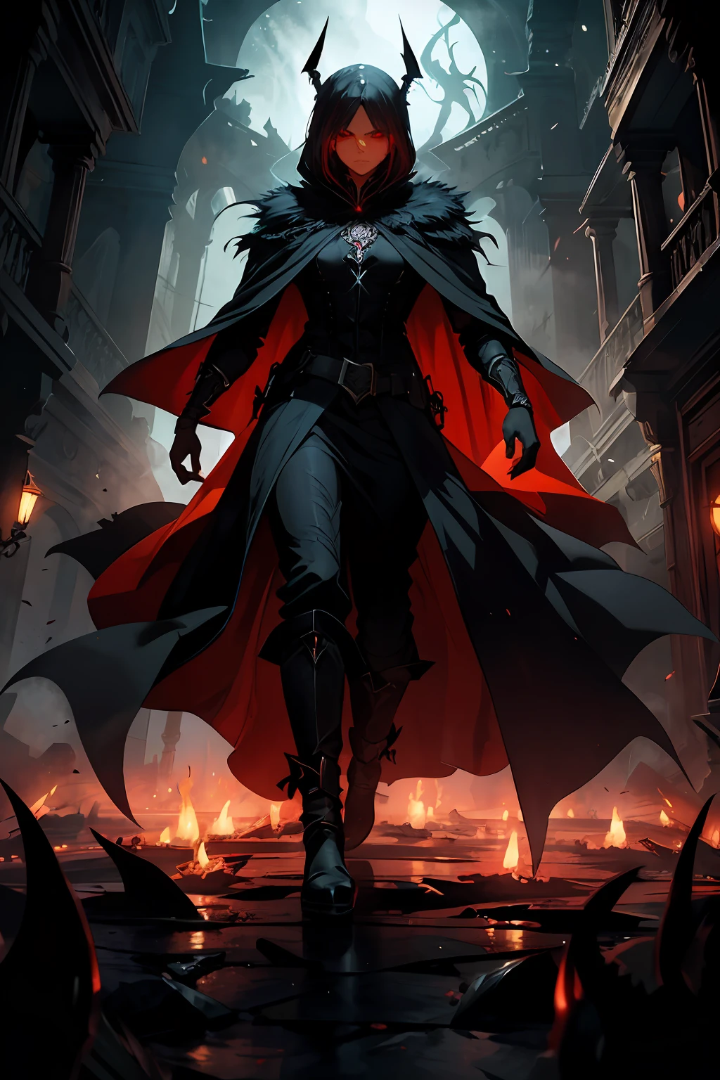 The Hell Messenger: a haunting and sinister character, with fiery red eyes and a cloak of shadows. Intense lighting and dramatic shadows highlight their menacing presence. The background is a dark and mysterious realm, with flickering flames and billowing smoke. Show the Hell Messenger conjuring dark magic or delivering devastating news to evoke a sense of fear and awe. Captivate with intricate details, intricate costume design, and a dynamic pose. Create an eerie and surreal atmosphere, with a touch of supernatural elements.