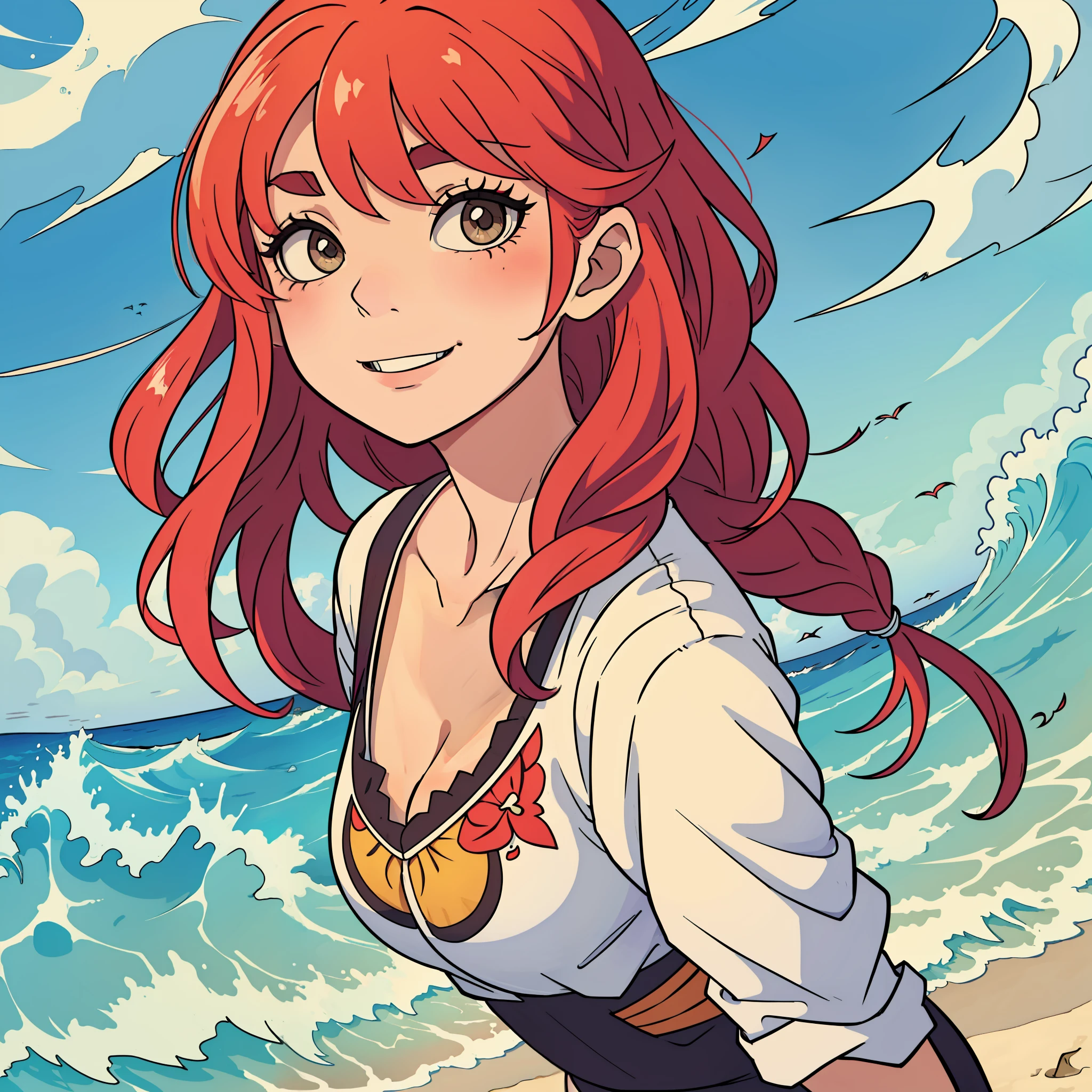 portrait of upper body,A confident young lady wears a shirt decorated with floral prints,Ruffled V-neck, Loose beach wave hairstyle,fishtail braid, Hefty Smile, Power stance