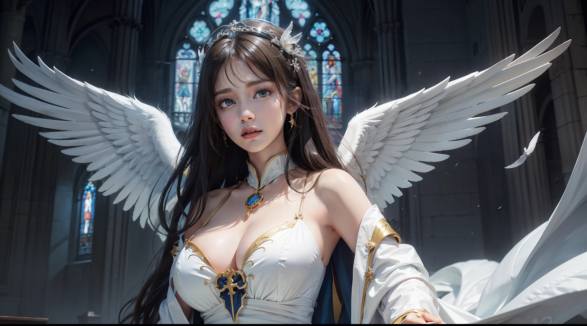 (Award-winning digital artwork:1.3) af (sketching:1.3),(with dynamism:1.3),(Saturation:1.3),(Close portrait:1.3),(femele:1.4),(big breasts beautiful: 1.4),(carismatic:1.3),angelicales,Perfect Detailed Eyes,Bright magic,Church background,Large breasts,complex patterns,Film filter, ,dramatics,dynamicposes,illusory engine, (High detail: 1.9),mystic symbols,long white robe,massive wings