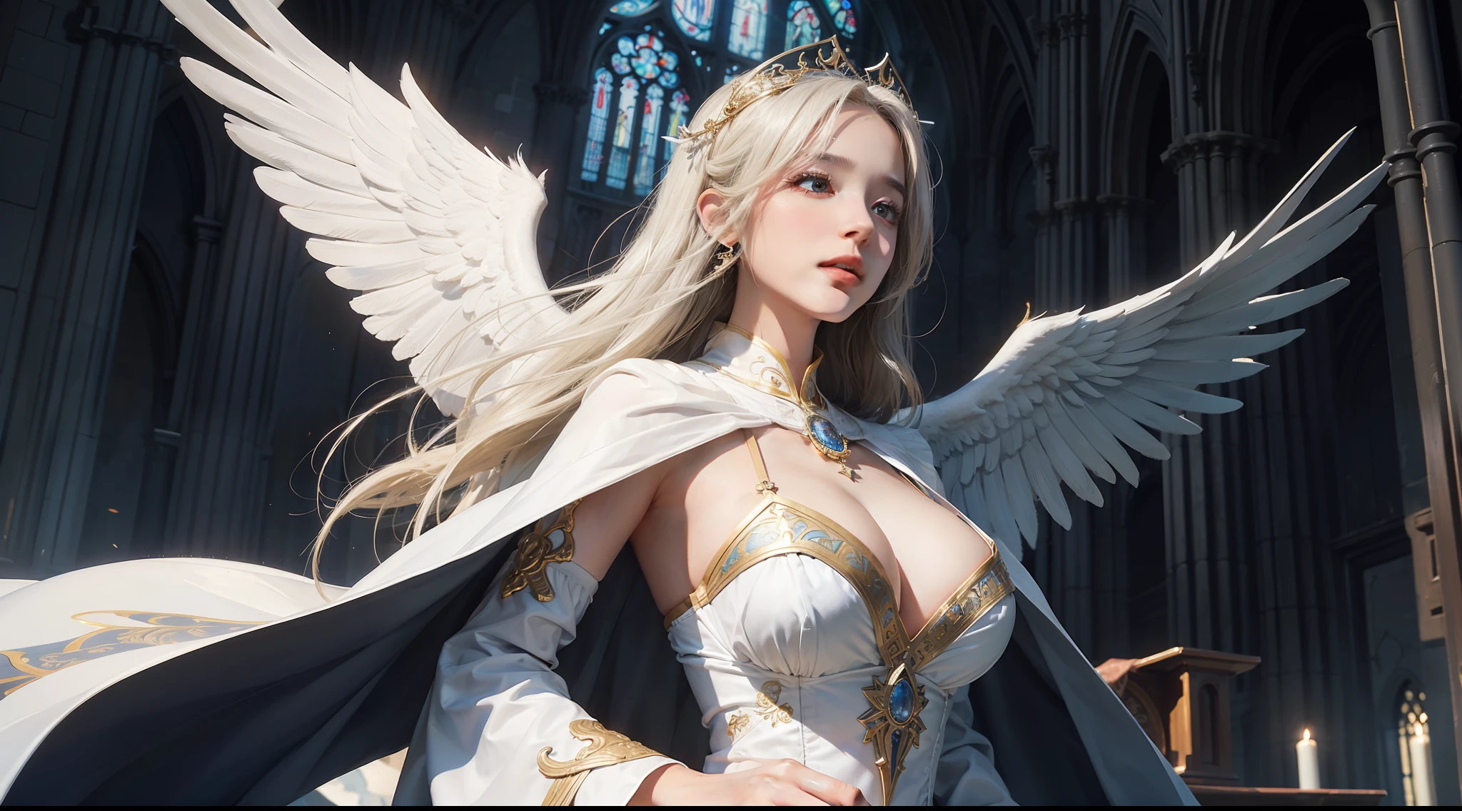 (Award-winning digital artwork:1.3) af (sketching:1.3),(with dynamism:1.3),(Saturation:1.3),(Close portrait:1.3),(femele:1.4),(big breasts beautiful: 1.4),(carismatic:1.3),angelicales,Perfect Detailed Eyes,Bright magic,Church background,Large breasts,complex patterns,Film filter, ,dramatics,dynamicposes,illusory engine, (High detail: 1.9),mystic symbols,long white robe,massive wings