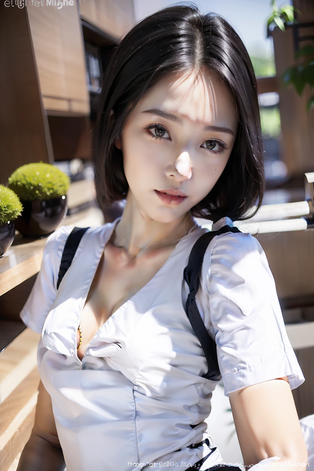 ((Gilet blanc:Long black hair|9)+High saturation+Background bokeh)+(Cute girls+junior school student|2)(Cool white light tone+self-shot+scissor hands+Thin+cleavage)