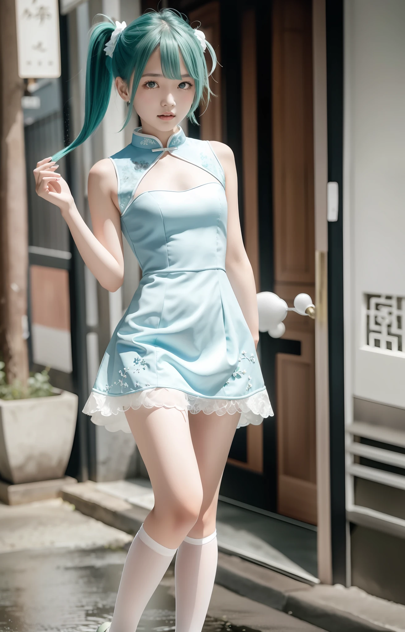 (tmasterpiece,best qualityer),intricately details, 1girll,blue green hair,Blue-green double ponytail,Heart-shaped openwork,White cheongsam,gossamer,Slender legs,Han Street,Ancient Chinese streets,soaking wet,White liquid,white stockings,adolable,small busts,Slightly exposed chest,underage,adolable,vivaciousness,having fun,Two ponytails,