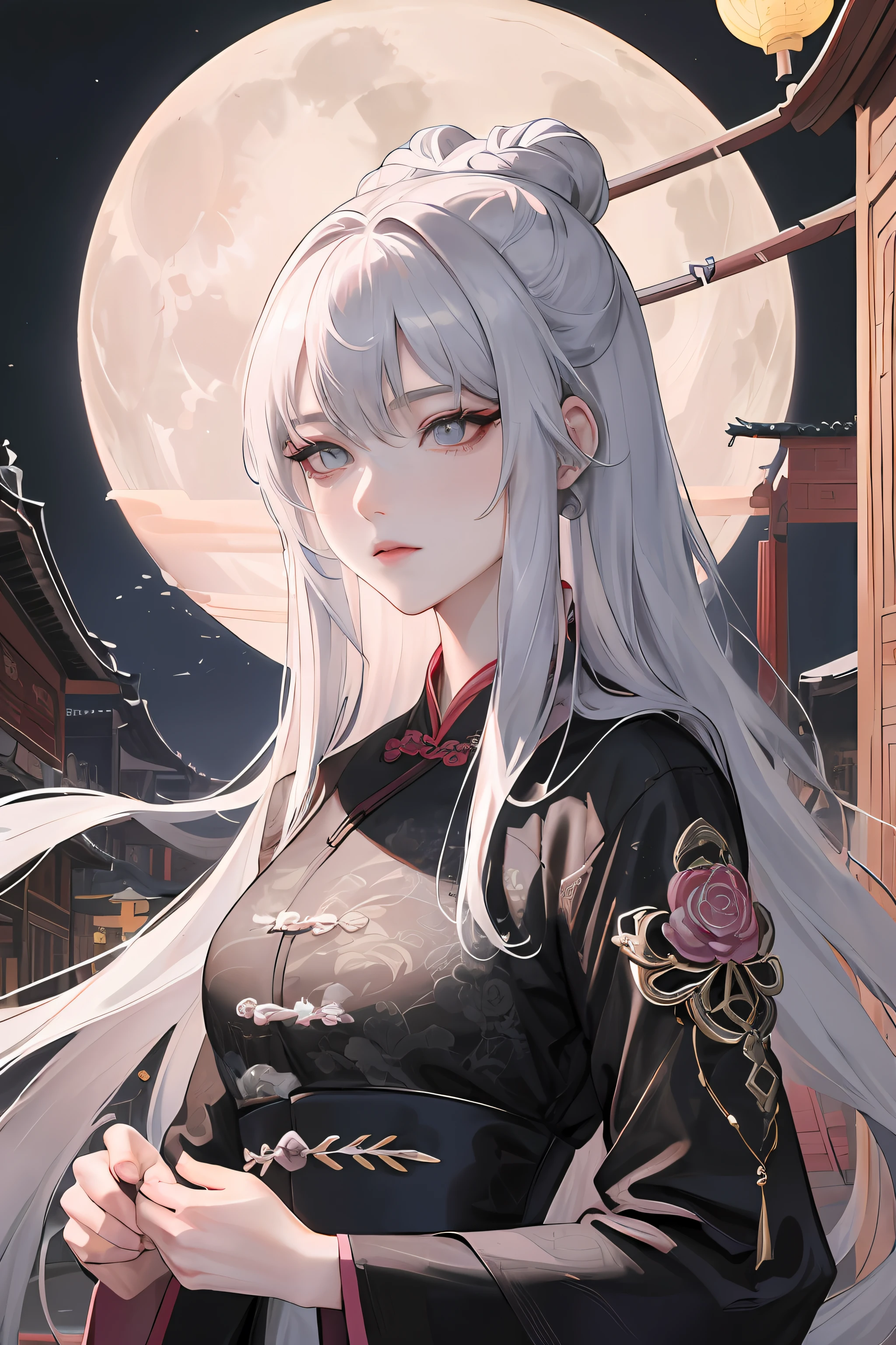 Masterpiece, Best quality, Night, full moon, 1 girl, Mature woman, Chinese style, Ancient China, sister, Royal Sister, Cold expression, Expressionless face, Silver white long haired woman, Light pink lips, calm, Intellectual, tribelt, Gray pupils, assassins, short knife, flower ball background, Stroll through the street view