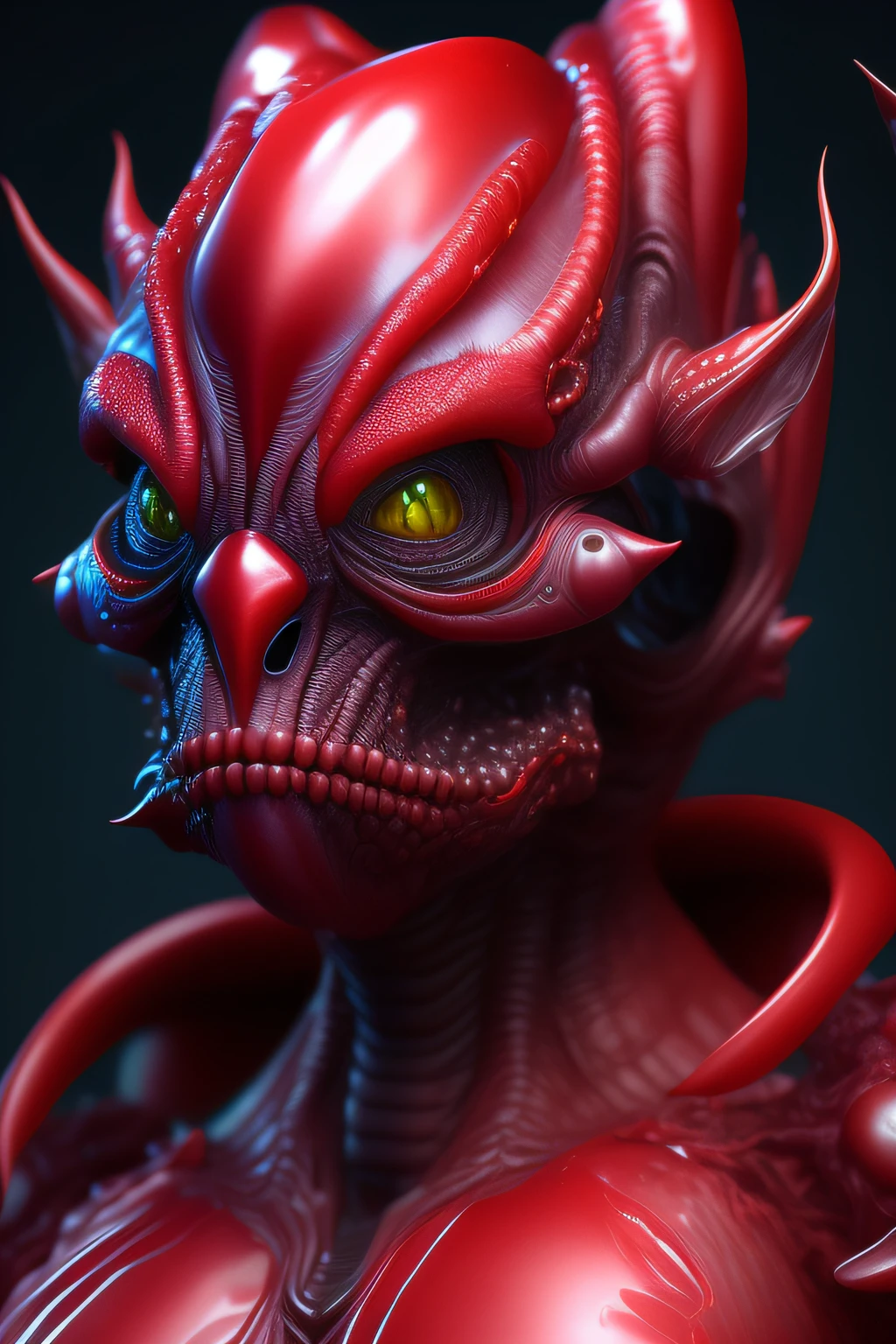 Incredible and spectacular scenes, ((High quality)), ((Detailed)), ((fantaisie)), "alien rouge effrayant, Realstic, Best quality, 4K, realistic pustule and blister, Portrait complet du corps", image quality (Effet de rendu 3D) , Exquisite details