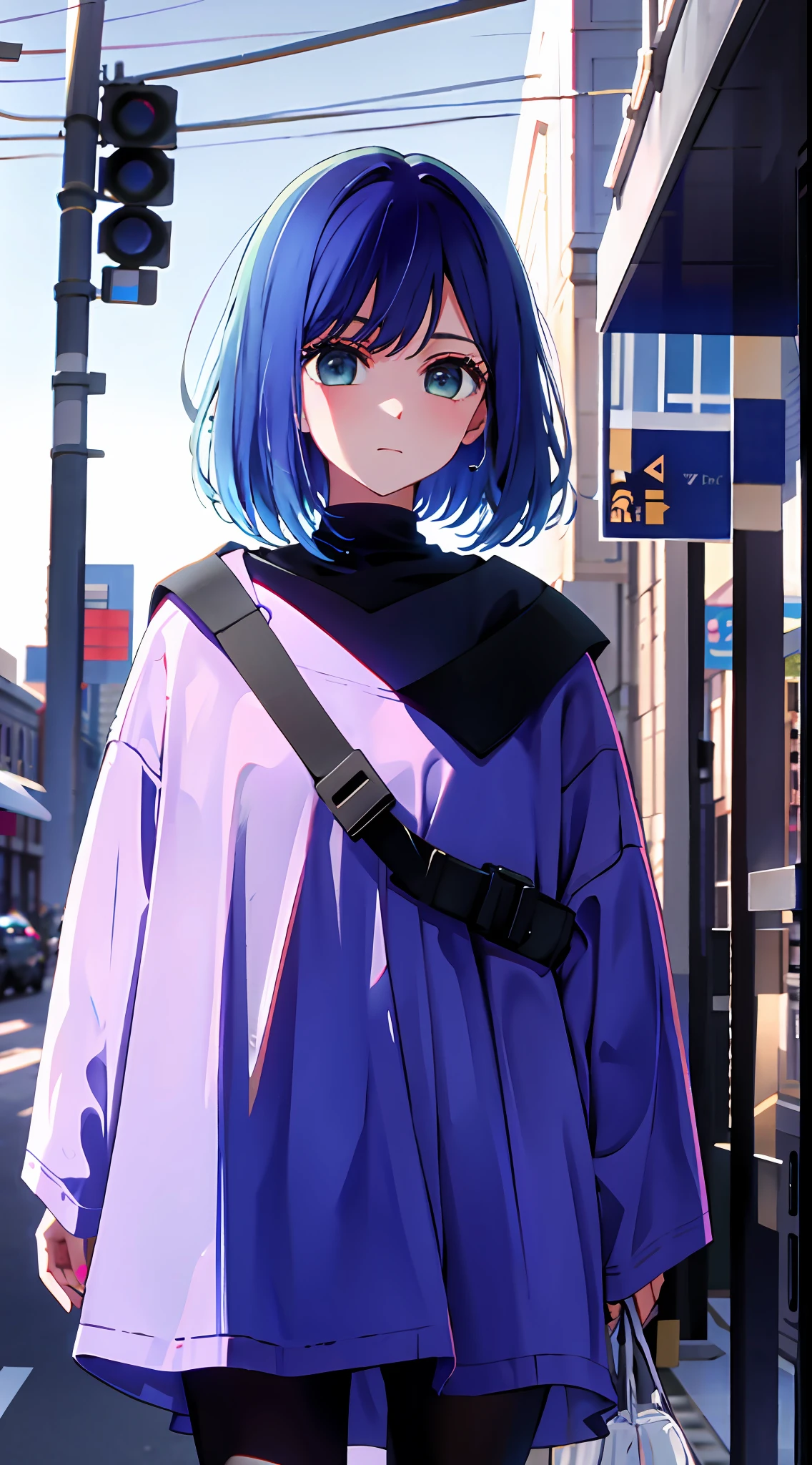 Best quality, Ultra high resolution, 1 girl, solo, upper body, Sky, City, street, Blue hair, (Pink eyes: 0.5), stylish, Off-the-shoulder, oversized coat,