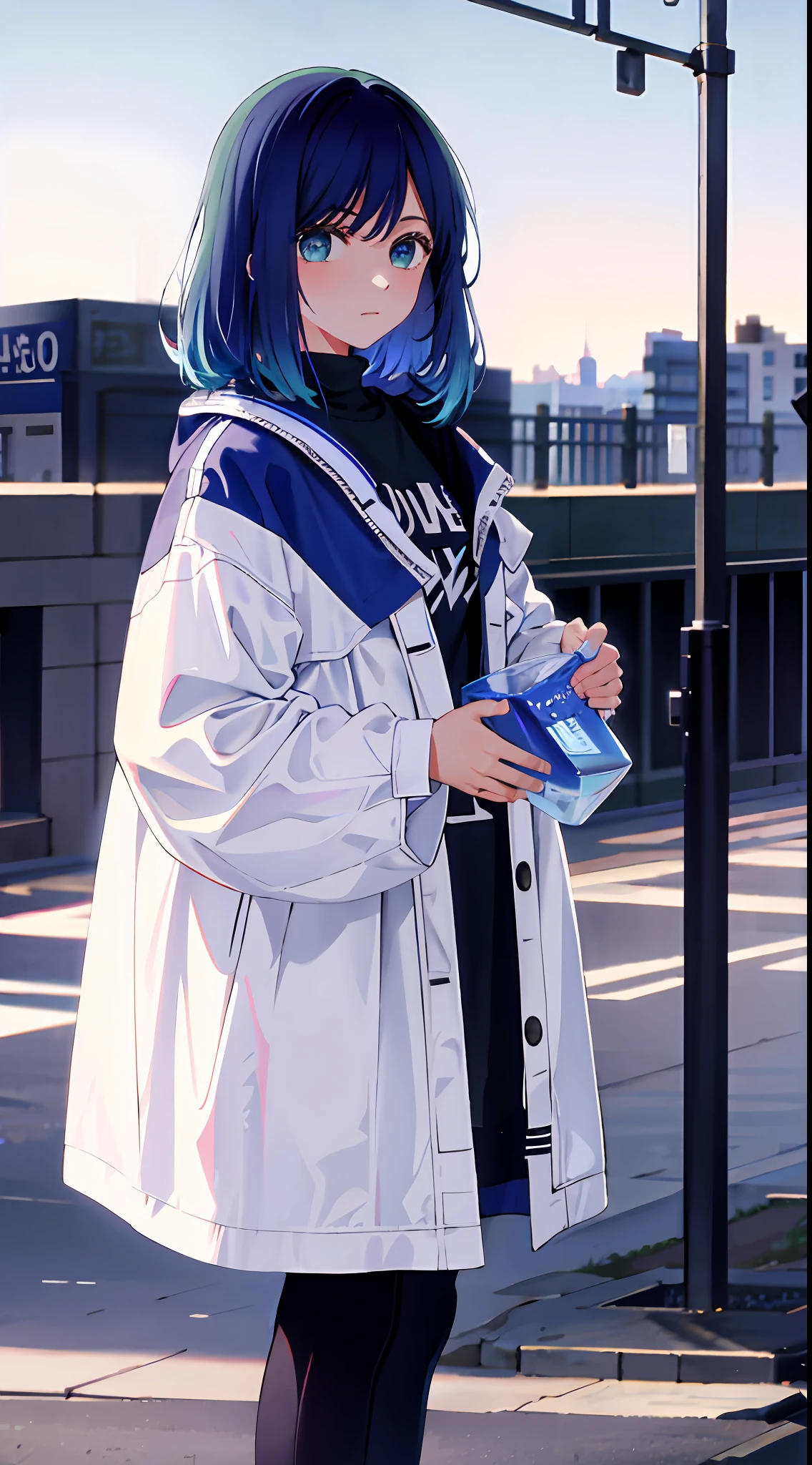 Best quality, Ultra high resolution, 1 girl, solo, upper body, Sky, City, street, Blue hair, (Pink eyes: 0.5), stylish, Off-the-shoulder, oversized coat,