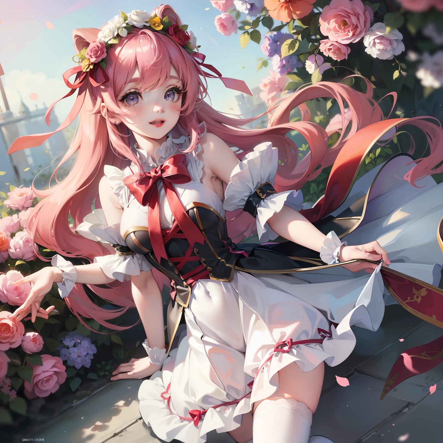 (Best Quality:1.5, Vivid:1.1, Detailed:1.2), Close-up of camera angle, Fresh girly smile, ta costume white silky, long legs exposed, pink garland, mysterious atmosphere