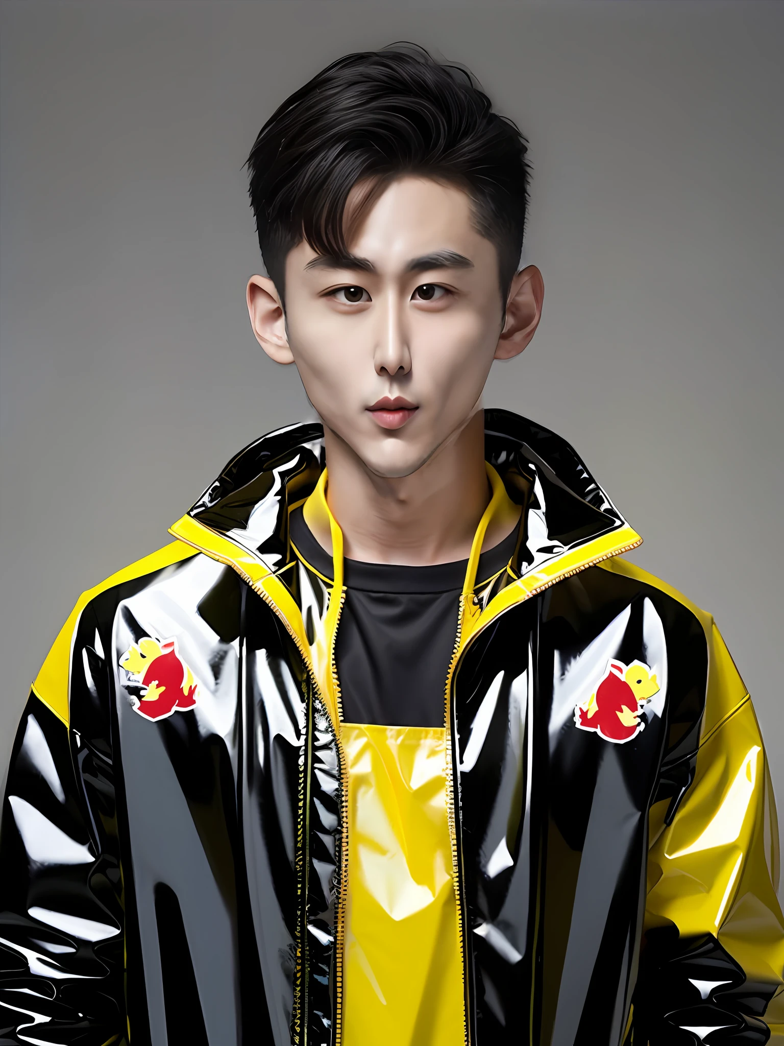 A Chinese male high school student,Wearing a yellow PVC game suit,The pattern of a chicken is displayed on the clothes