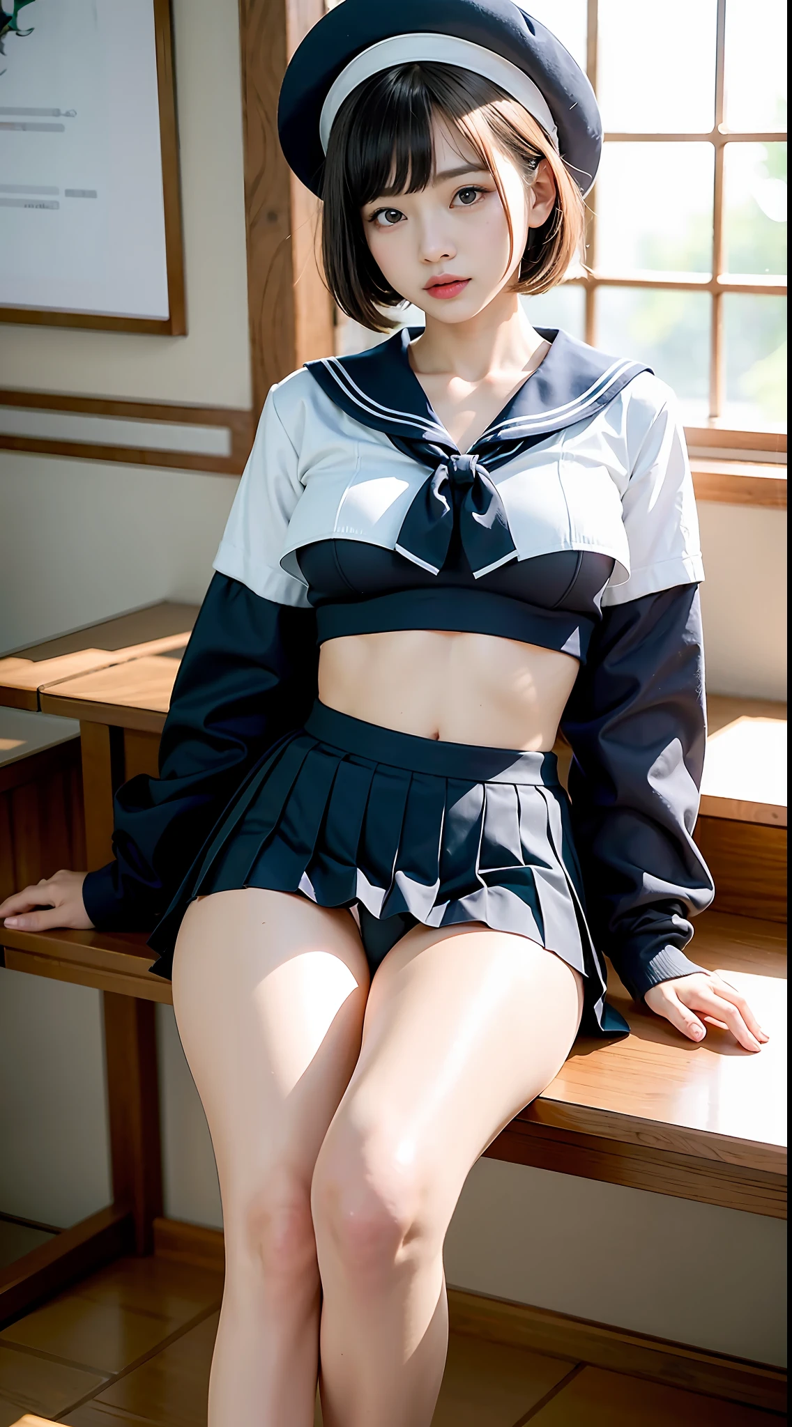 (8K、RAW Photos、top-quality、masterpiece:1.2)、(realisitic、Photorealsitic:1.37)、1人、japanes、18year old、femele、Classroom、natta、profetional lighting、Photon mapping、torn、Colossal tits、The tips of the knitted, which are pure white and very small in size, stick out、areola protruding、The shape of the pubic area is clearly visible、gals、Lots of lashes、Lame on the eyelids、Pitch black lip、Pitch black heels、pubick hair、the lower abdomen bristles、A slender、crotch open、My are big and are about to spill out of my bra、Very much pubic hair、pubic hair is very protruding、((Tight sailor suit、Short pleated skirt,Hats don't))、ultra-short hair of chestnut color,