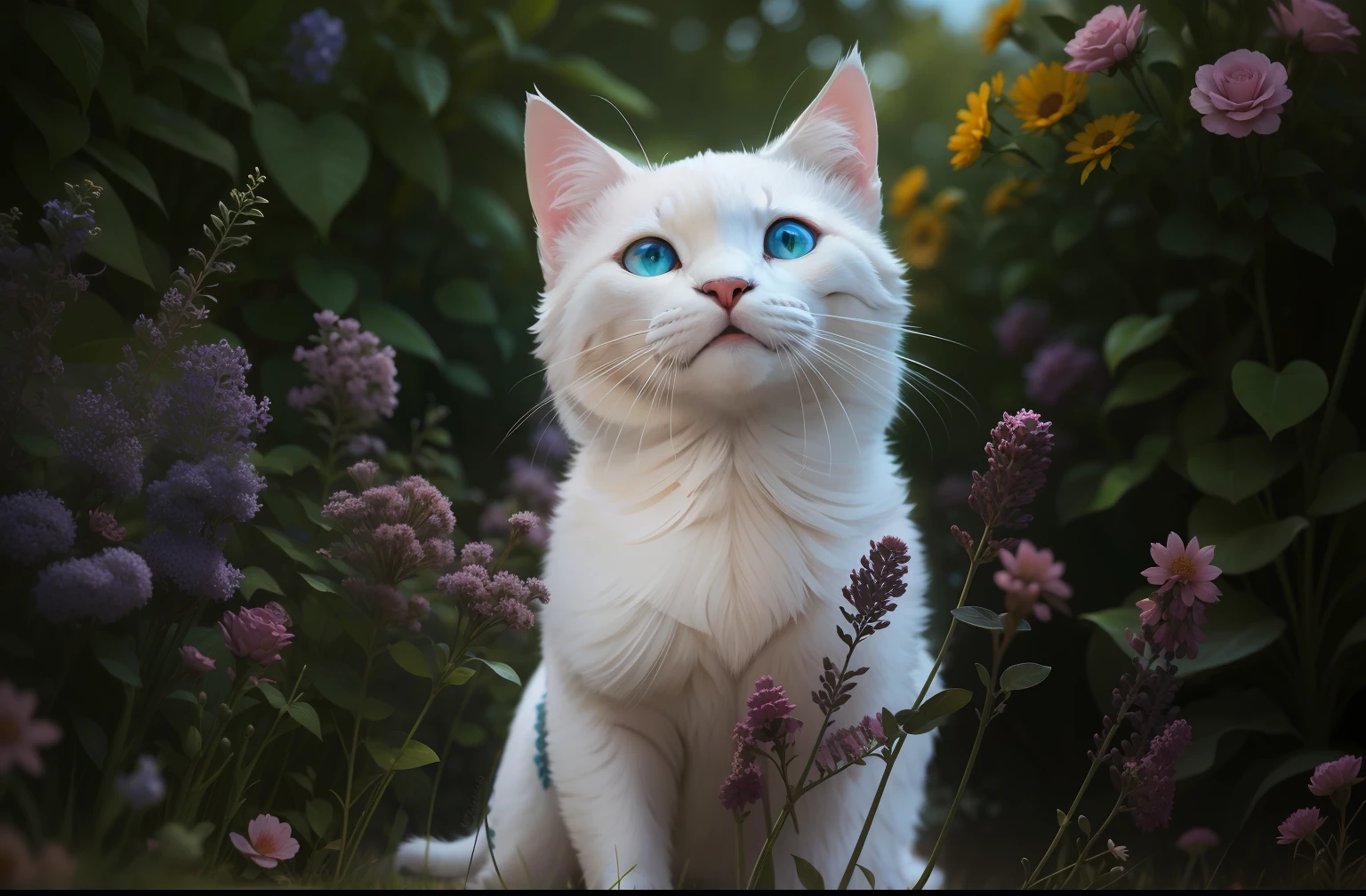 Lindo gatinho branco, feliz, olhos azuis, em um lindo campo de rosas, retrato detalhado, complexidade intrincada, rule of thirds, Sunset, Tinta fosca, luminescente, Artistic Station, arte conceitual, Arte Nova, Ilustrativos, Smooth and sharp focus Highly detailed, Maximalista e Realista.
