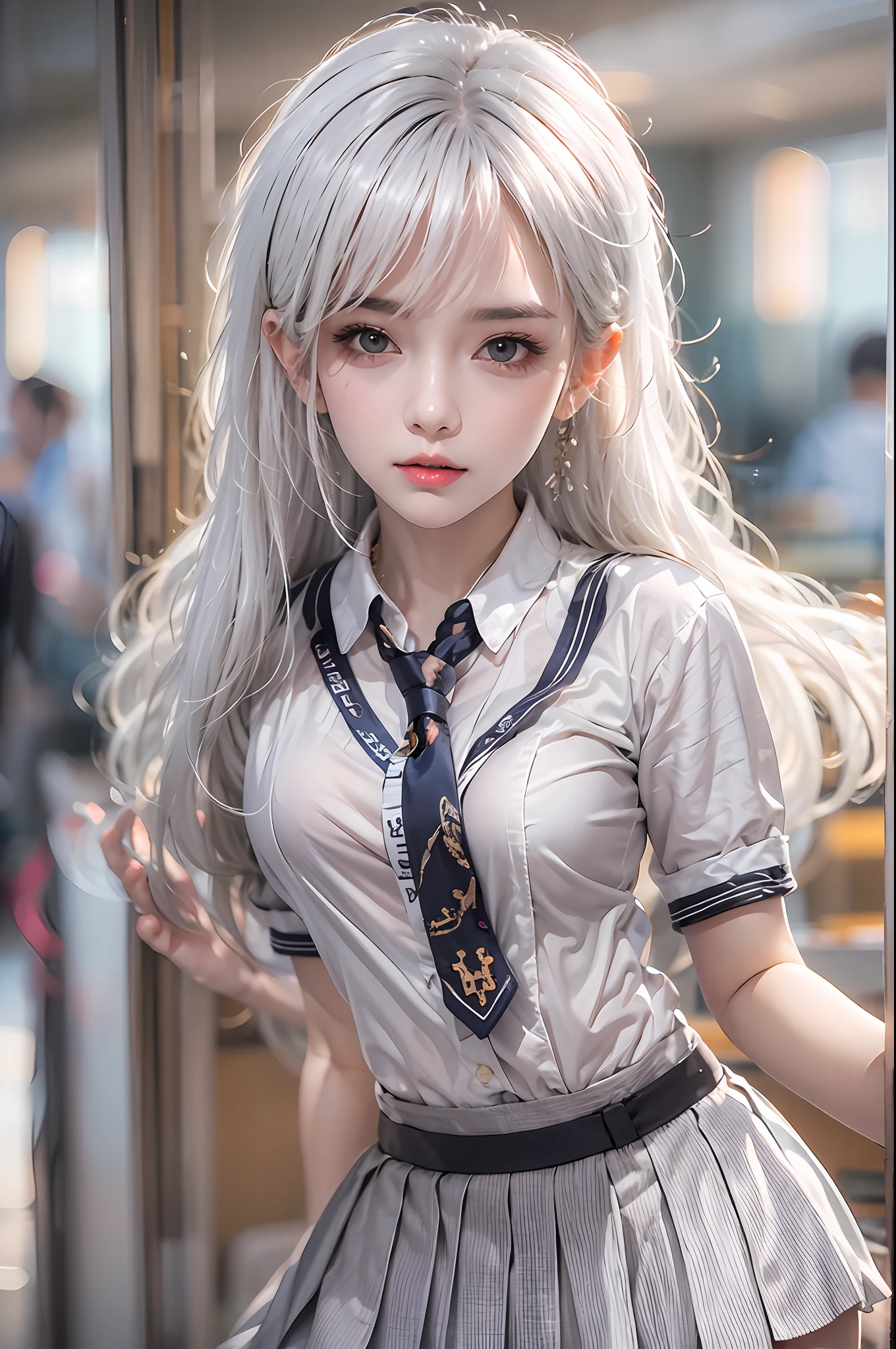 photorealistic, high resolution, soft lights, 1women, adult, solo, hips up, look at viewer, (detailed face), white hair, long hair, school uniform, skirt, jewelry