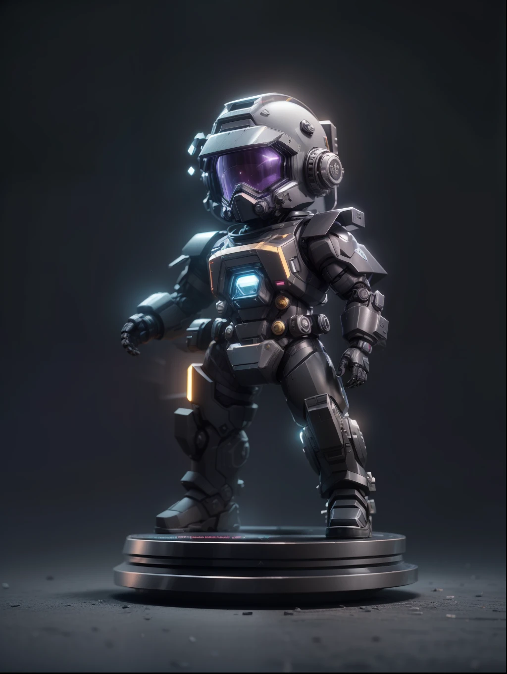 (Blind box toy style:1.2), (Full body shot) , 1 cute fat metal male machine gunner, Metal mech,Metal opaque helmet, cyber punk perssonage, dreamy glow, Clean, Black draft,Purple and black style,(circular base) ( Global illumination, Ray traching, hdr, unreal render,reasonable design, high detal, Masterpiece, Best quality, hyper HD, Cinematic lighting)