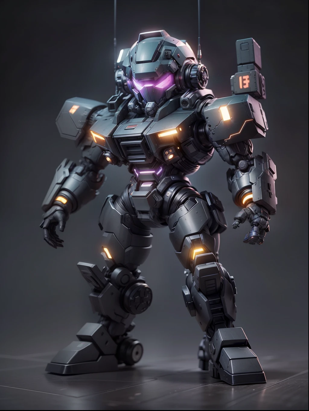 (Blind box toy style:1.2), (Full body shot) , 1 cute fat metal male machine gunner, Metal mech,Metal opaque helmet, cyber punk perssonage, dreamy glow, Clean, Black draft,Purple and black style,(circular base) ( Global illumination, Ray traching, hdr, unreal render,reasonable design, high detal, Masterpiece, Best quality, hyper HD, Cinematic lighting)