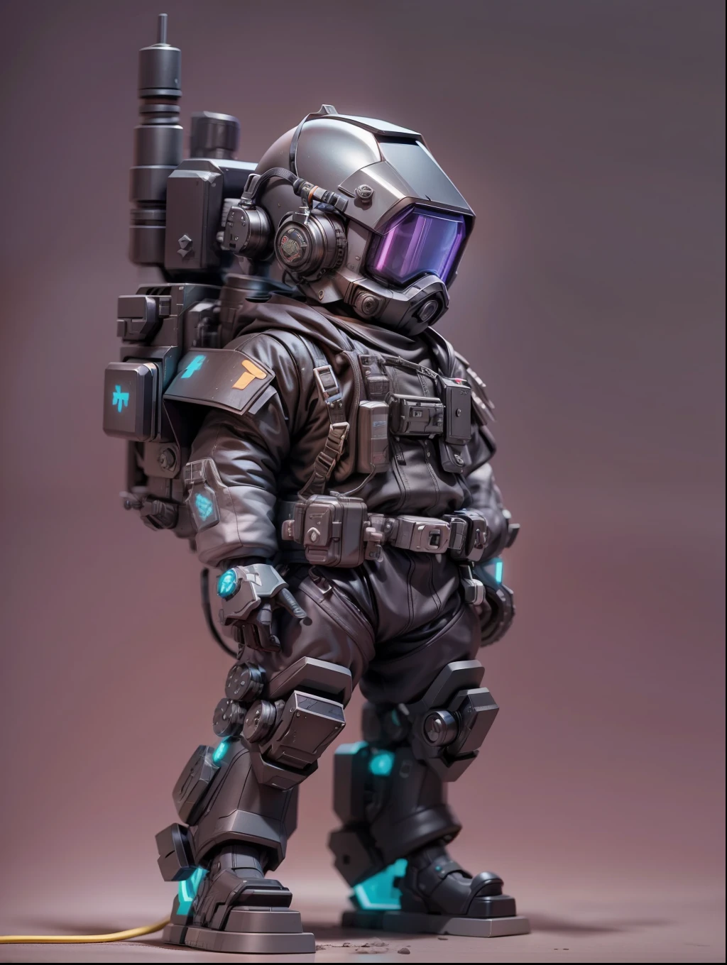 (Blind box toy style:1.2), (Full body shot) , 1 cute fat metal male machine gunner, Metal mech,Metal opaque helmet, cyber punk perssonage, dreamy glow, Clean, Black draft,Purple and black style,(circular base) ( Global illumination, Ray traching, hdr, unreal render,reasonable design, high detal, Masterpiece, Best quality, hyper HD, Cinematic lighting)