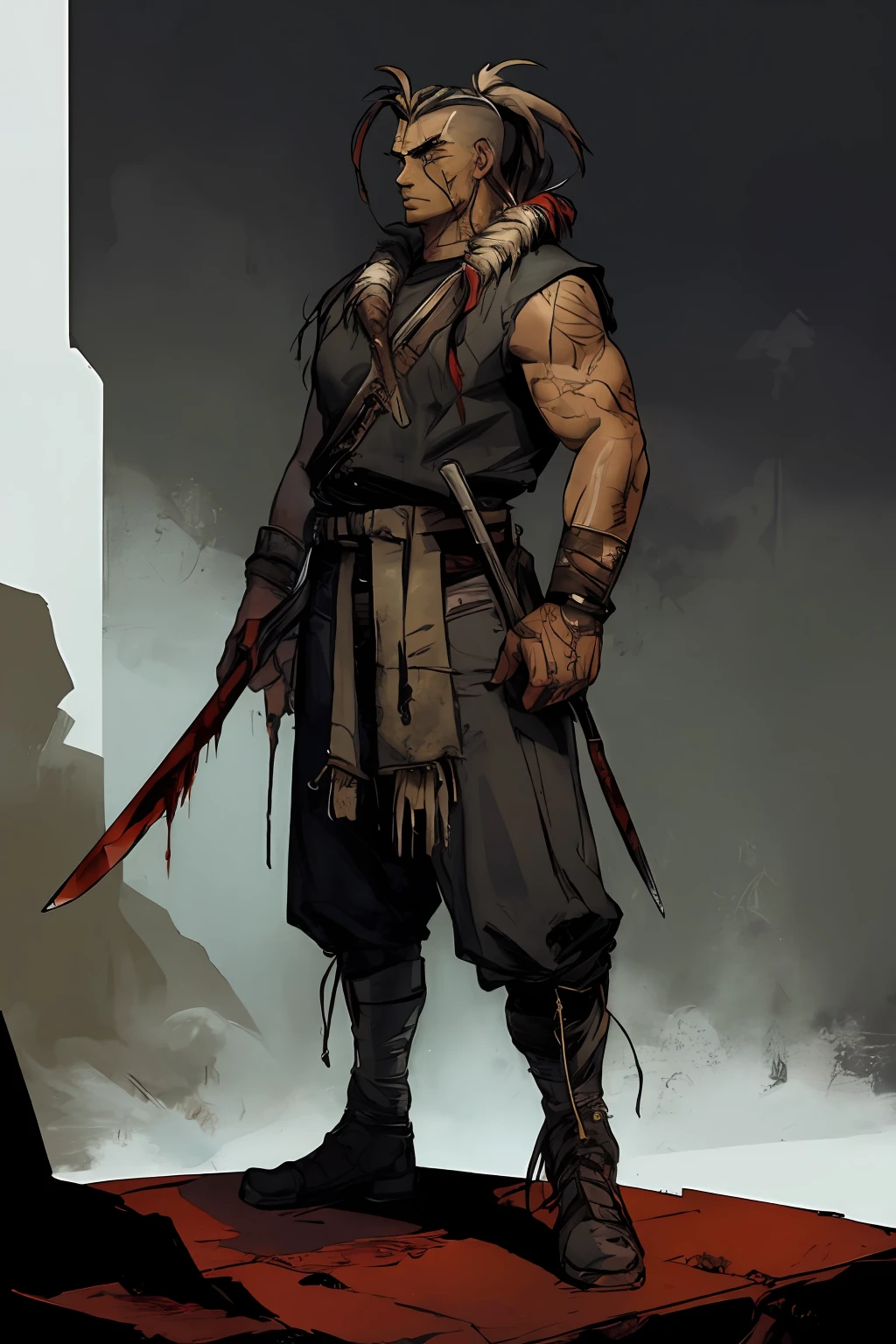 A badass tan Native American young man wielding two tomahawks in a futuristic assassin gear, standing against an intense action-filled background with a touch of blood and showcasing his skills as a futuristic ruthless butcher assassin and scout in ragged apocalyptic gear. He also has a shaved sides of his head and a single long braid. Best quality, (masterpiece), ( methurlant), comic, y2k animation, intricate detail, smooth, lean,