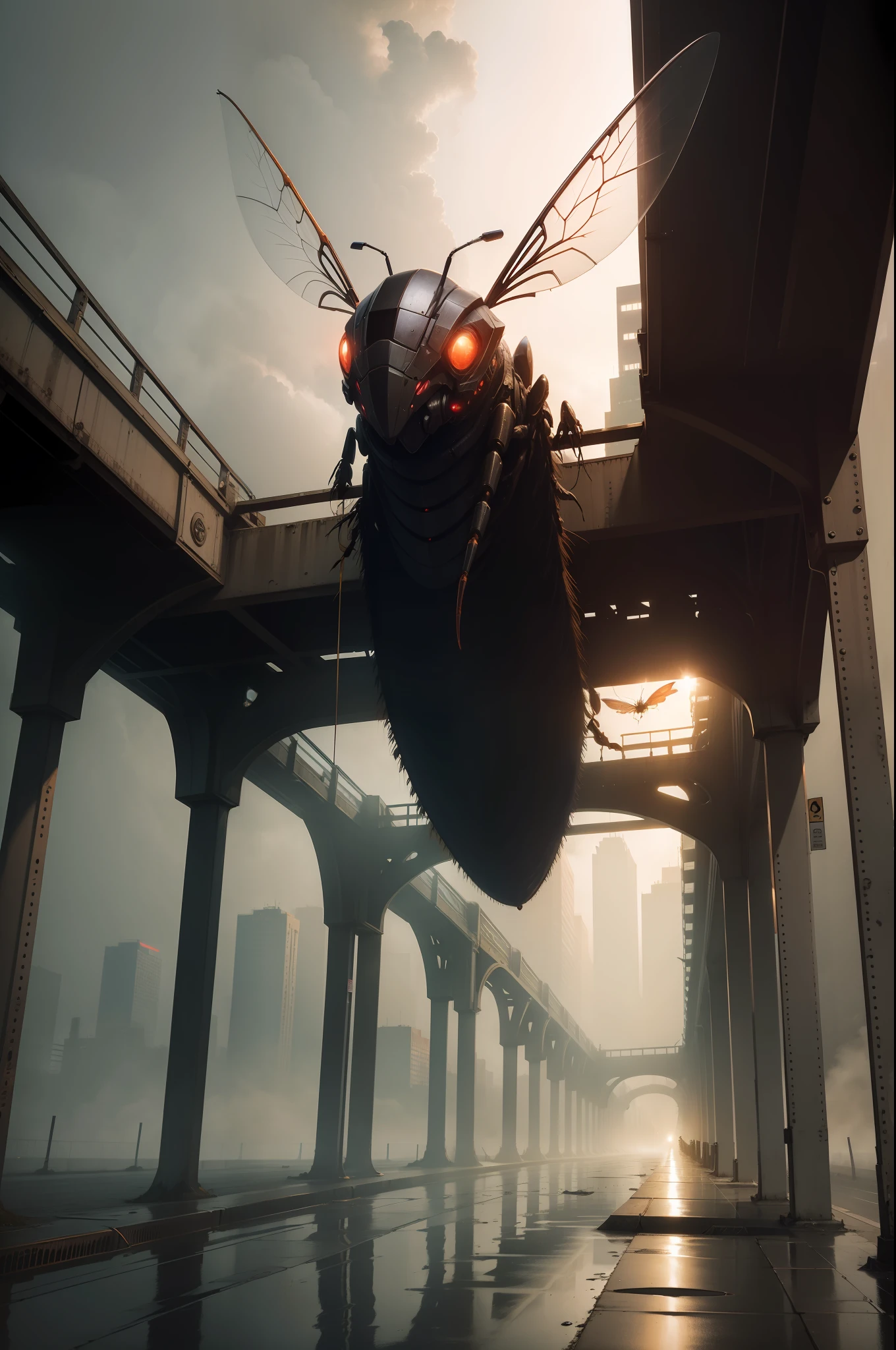 insect creature, A cyborg, hanging under the bridge, Evening and fog, Streets after rain, Realistic, Professional photo, 4k, 1/250s, dim lighting