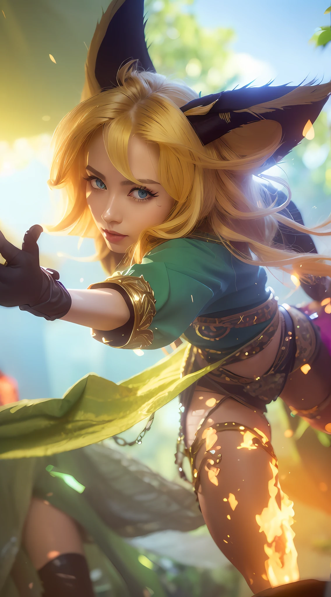 ((Best Quality, 4K, Masterpiece: 1.3)), (Detailed: 1.4), Reality, 1girl, a close up of a girl with a cat ears and a green shirt, qiyana, style league of legends, tane skin, zenra taliyah, mobile legends, youthful taliyah, senna from league of legends, style artgerm, a blonde emerald warrior, freya, A woman with Blonde hair & flame on the foot, with glove, big eyes, perfect eyes, beauty smile, open mouth, 4K, HD, Ultra Realistic, extremely detailed, tfft, A woman with bag in back, nice Thigh