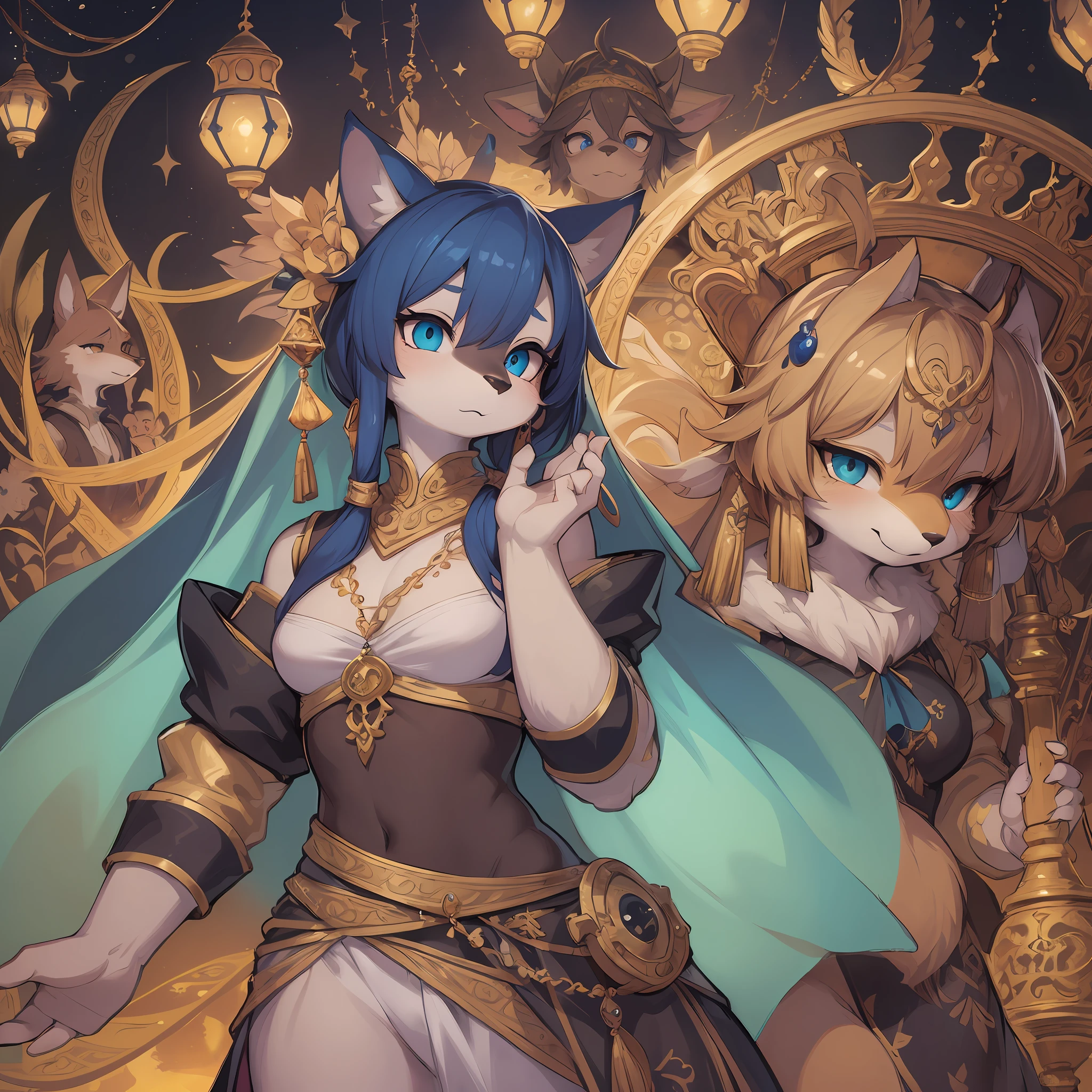 top quality, best quality, High-quality illustrations, masterpiece, super high resolution, detailed background, detailed background, Aladdin, The Arabian Nights' Entertainment, Sassanid, turkish lamp, 6+boys, 6+girls, absurdres(highly detailed beautiful face and eyes)perfect anatomy, expression, good lighting, cinematic shadow(kemono, furry anthro),