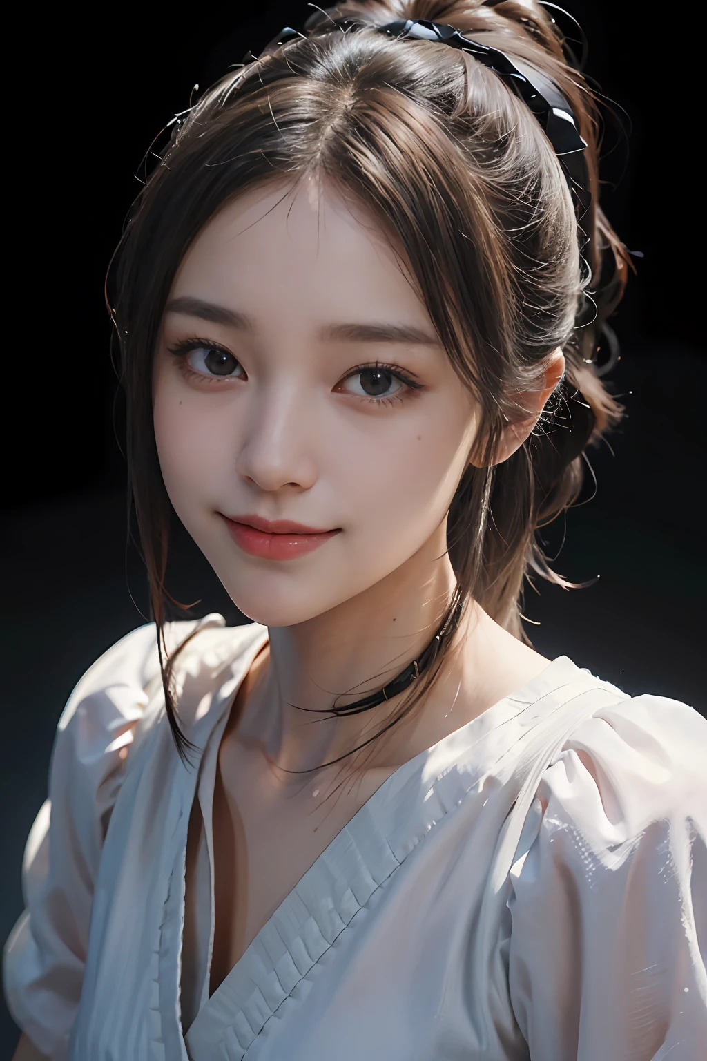 hair strand, low ponytail, hair bow, hair bobbles, mole under eye, aqua eyes, grin, smirk, chiaroscuro, motion lines, Verism, textured skin, anatomically correct, masterpiece, UHD, ccurate, high quality, best quality, award winning, highres, super detail, 8k