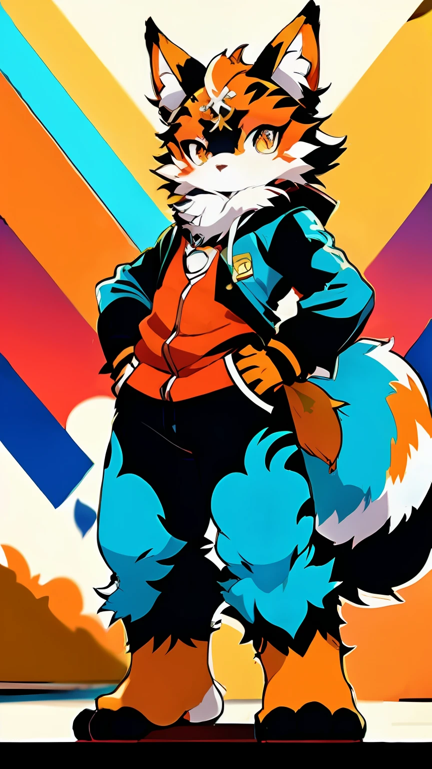 Anime style cat standing in the room，Wear colorful clothes, style of duelyst, cyan and orange, fursona art, Sora as a cat, Furry art, kitsune inspired armor, fleurfurr, very very beautiful furry art, Official artwork, Furry character, cirno, Furry art!!!, mecha anthropomorphic penguin, tonic the fox