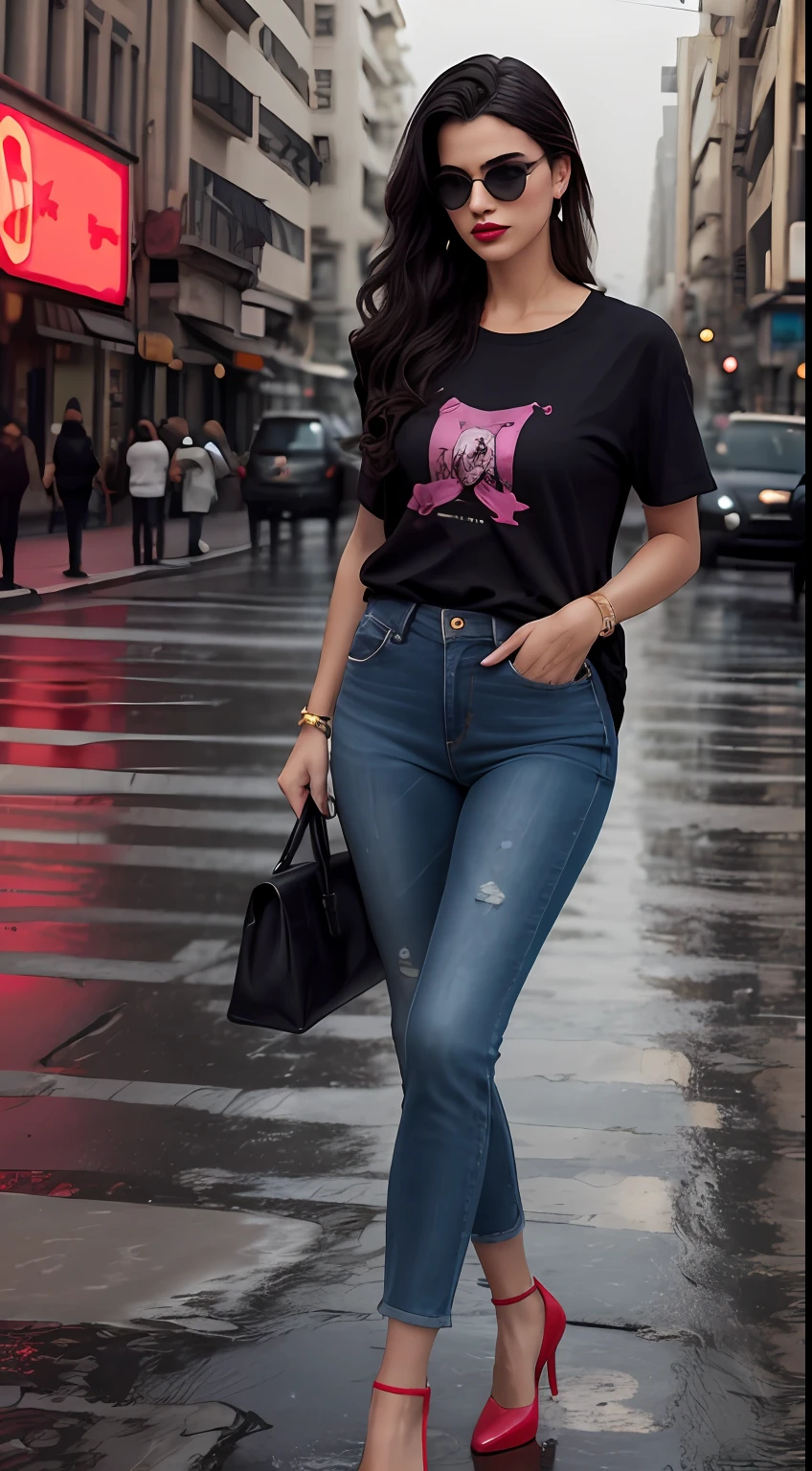 ((Best Quality, 8k, Masterpiece:1.3)), Focus: 1.2, Perfect Body Beauty: 1.4, front looking 1.2, (black medium length wavy hairstyle)), 29 years old Arabian beauty, (black round neck plain Baggy Tee-shirt, baggy style, full length:1.1) , (rainy weather, Street:1.3), Damage blue jeans, full length dark blue tight rip jeans: 1.1, Highly detailed face and skin texture, highly detailed hand fingers, highly detailed fingers nails, Detailed eyes, Double eyelids, toned body, Whitened skin, black straight hair's, high heels, Large prominent breasts, firm thighs, looking at camera, fashion shoot style, full body length tee-shirt, Short sleeves, small earrings, lots of fashion hand bands, bangle's, golden watch. Carrying pink hand bag, Red lipstick, regular fit Tee-shirt without print, long street, buildings, cars headlights on, rainy weather, dark cloud's, walking style, middle eastern beautiful women, model shoot, building's, neon signs, Smokey atmosphere, high rise buildings, open legs, sitting on long stool center on street, dark big sunglasses, dark sun shades, modeling style, fashion shoot styling. Pump's shoe's, coat shoes, dark goggles, Gucci dark sunglasses, sitting style wide legs