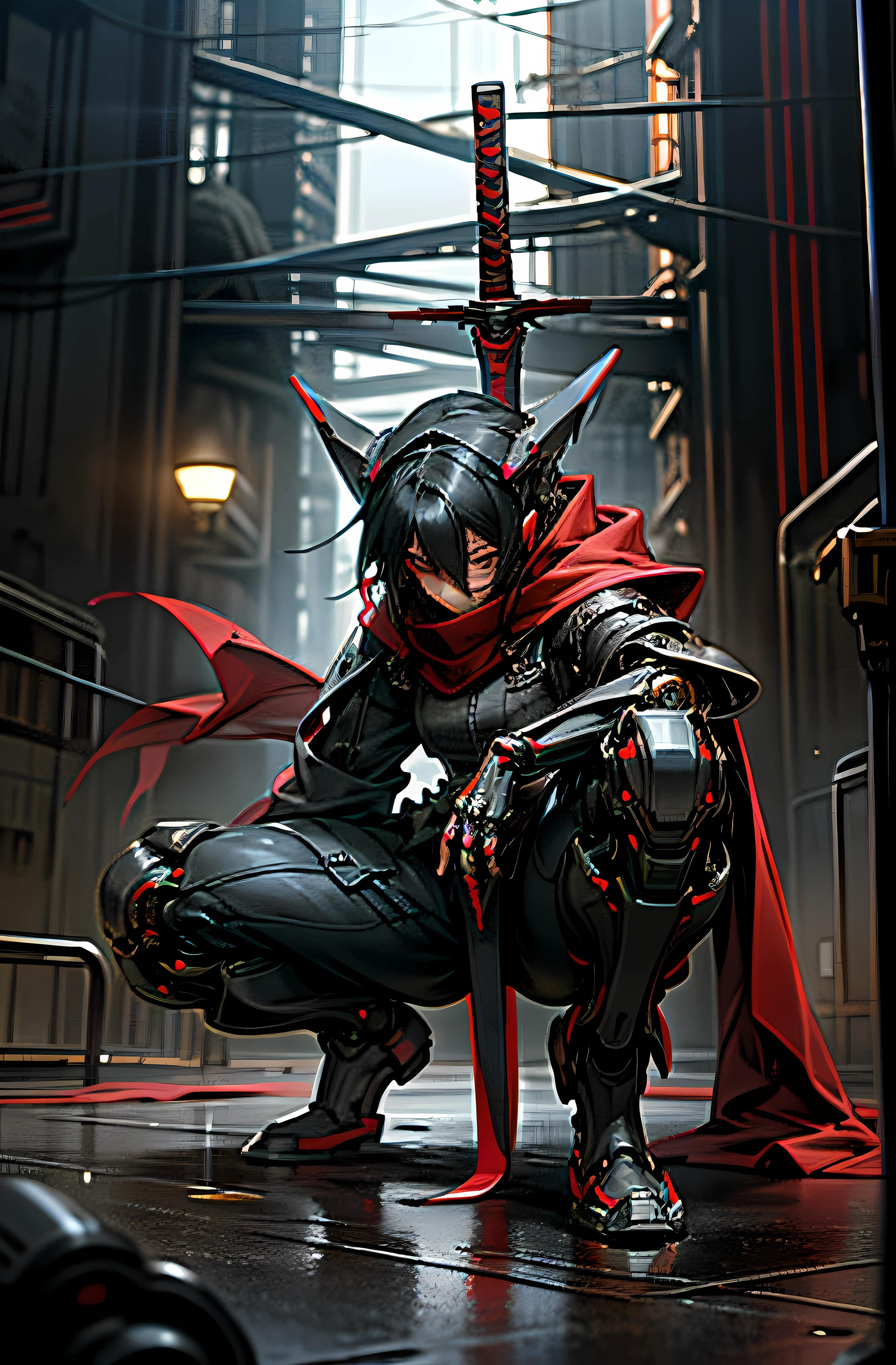 Mikasa ackerman use red red scarf, Dark_Fantasy, Cyberpunk, (sword weapon,Red:1.1),1women,Mechanical,Robotic presence,Cybernetic guardian, darkness, night city background, nighttime, Crouching pose