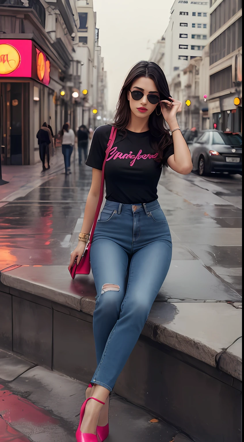 ((Best Quality, 8k, Masterpiece:1.3)), Focus: 1.2, Perfect Body Beauty: 1.4, front looking 1.2, (black medium length wavy hairstyle)), 29 years old Arabian beauty, (black round neck plain Baggy Tee-shirt, baggy style, full length:1.1) , (rainy weather, Street:1.3), Damage blue jeans, full length dark blue tight rip jeans: 1.1, Highly detailed face and skin texture, highly detailed hand fingers, highly detailed fingers nails, Detailed eyes, Double eyelids, toned body, Whitened skin, black straight hair's, high heels, Large prominent breasts, firm thighs, looking at camera, fashion shoot style, full body length tee-shirt, Short sleeves, small earrings, lots of fashion hand bands, bangle's, golden watch. Carrying pink hand bag, Red lipstick, regular fit Tee-shirt without print, long street, buildings, cars headlights on, rainy weather, dark cloud's, walking style, middle eastern beautiful women, model shoot, building's, neon signs, Smokey atmosphere, high rise buildings, open legs, sitting on long stool center on street, dark big sunglasses, dark sun shades, modeling style, fashion shoot styling. Pump's shoe's, coat shoes, dark goggles, Gucci dark sunglasses, sitting style wide legs