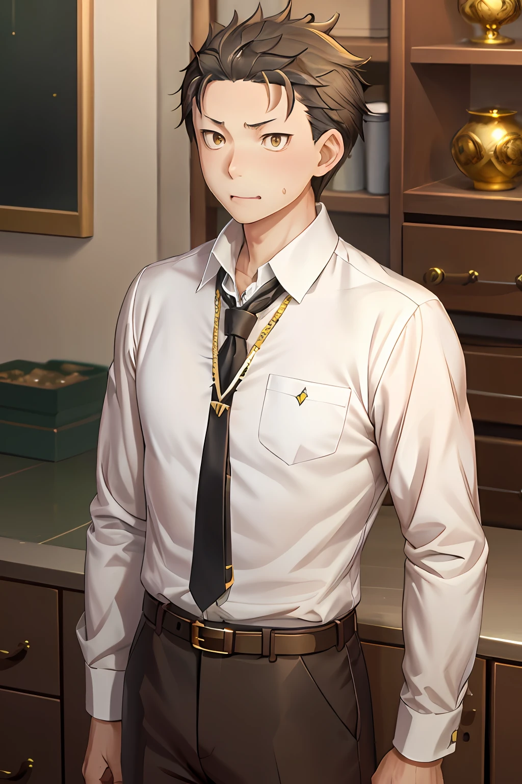 (1 Adult male),A high resolution, Sharp focus, Pixiv masterpiece, ((Complicated details)), highly detailed, natsuki_subaru, 1 man, with her mouth open,drools,full bodyesbian, Golden eyes(eyes glowing), with short golden hair,white shirt,Wear a tie,Wear a belt,perspire,look from down