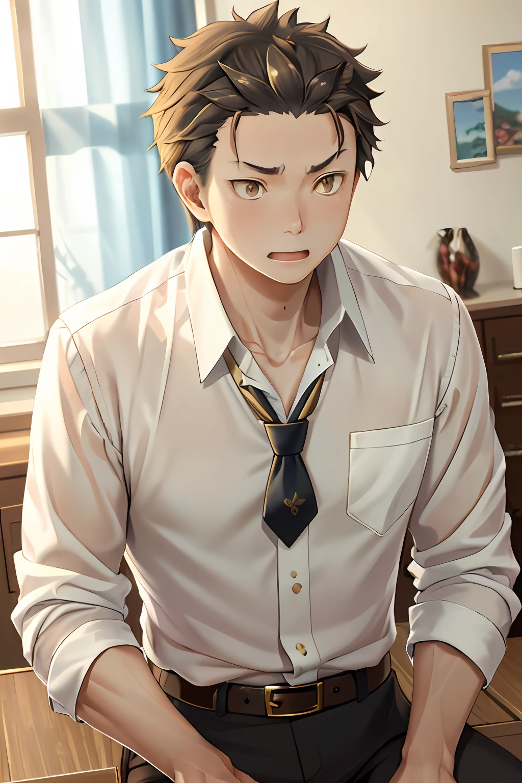 （1 Adult male），A high resolution， Sharp focus， Pixiv masterpiece， （（Complicated details））， highly  detailed， natsuki_subaru， 1 man， with her mouth open，drools，full bodyesbian， Golden eyes（eyes glowing）， with short golden hair，white  shirt，Wear a tie，Wear a belt，perspire，look from down