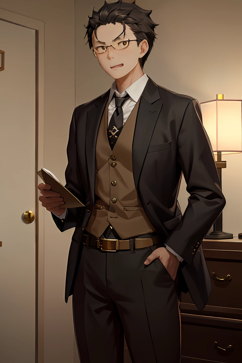 (1 Adult male),A high resolution, Sharp focus, Pixiv masterpiece, ((Complicated details)), highly detailed, natsuki_subaru, 1 man, with her mouth open,drools,full bodyesbian, Golden eyes(eyes glowing), with short golden hair,white shirt,Wear a tie,Wear a belt,perspire,look from down