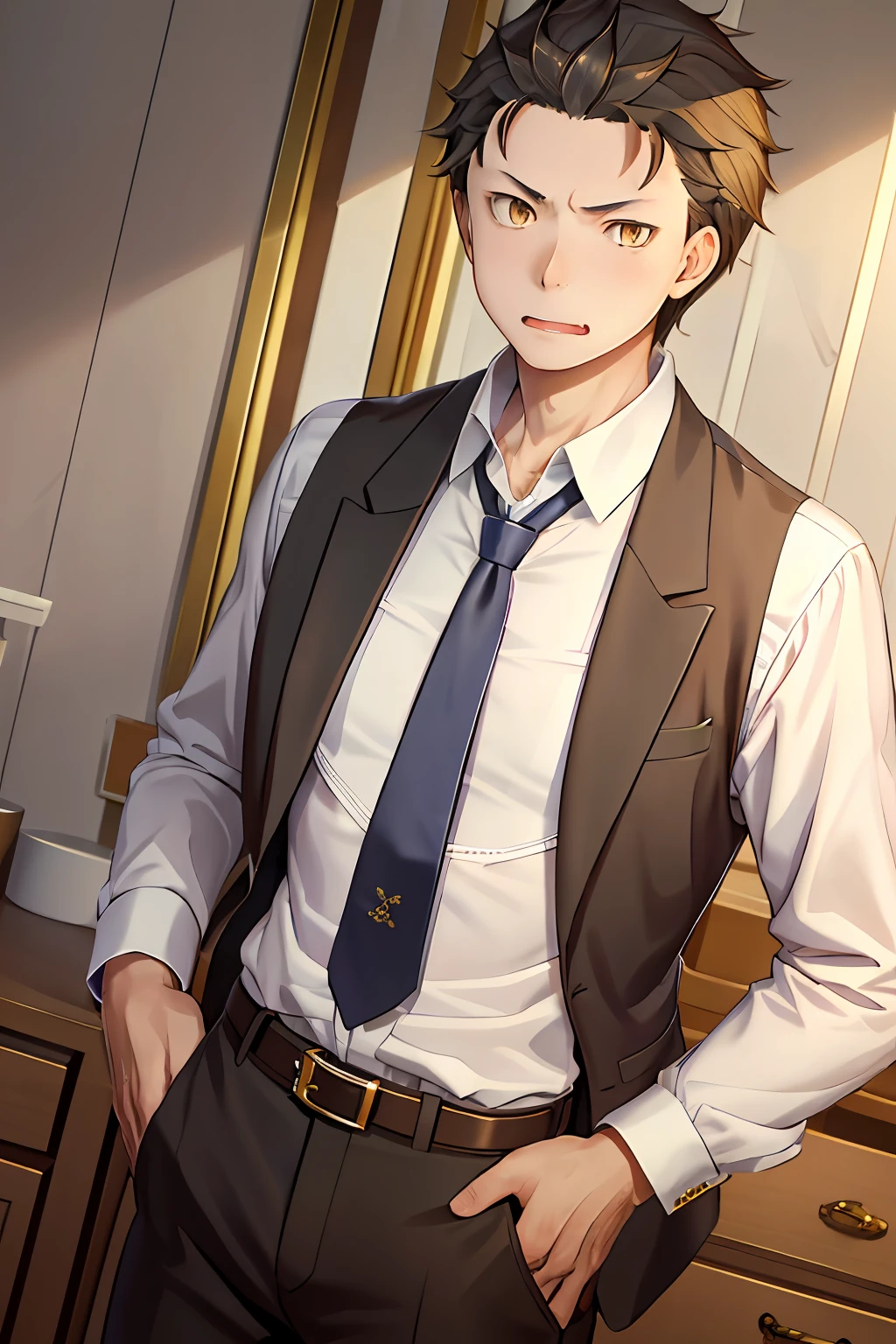 (1 Adult male),A high resolution, Sharp focus, Pixiv masterpiece, ((Complicated details)), highly detailed, natsuki_subaru, 1 man, with her mouth open,drools,full bodyesbian, Golden eyes(eyes glowing), with short golden hair,white shirt,Wear a tie,Wear a belt,perspire,look from down