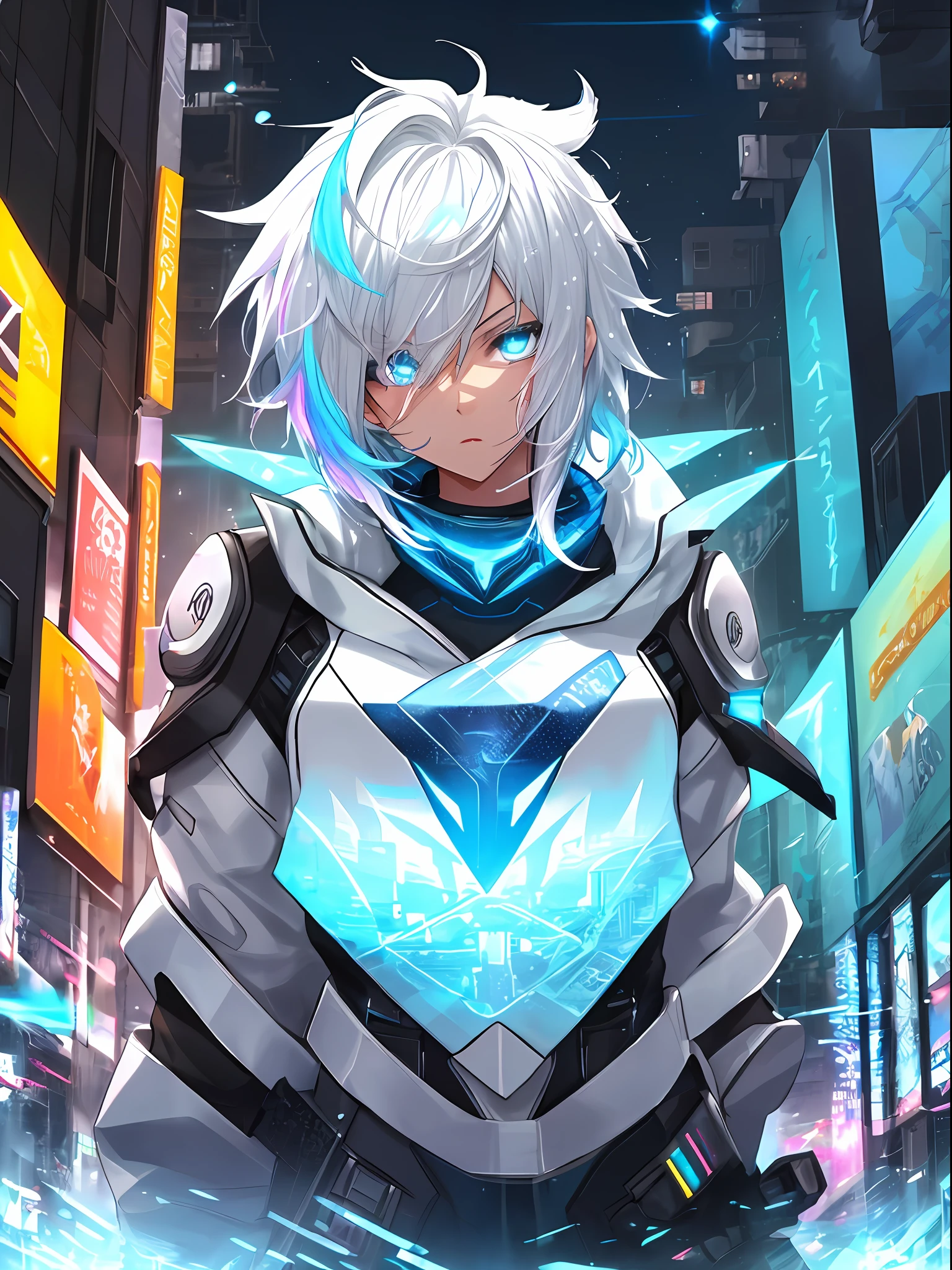（Kizi）,A mysterious figure stood with its back to them, Neon lights illuminate the cityscape. Their short white hair splashed with colorful paint in mid-air。, Add elements of artistic intrigue. Glowing blue eyes reinforce the mysterious aura that surrounds the characters. The city background with neon lights creates an atmosphere of suspense and mystery. The digital artwork is of high quality, Capture all the intricate details and lighting effects, Make it visually engaging and immersive.