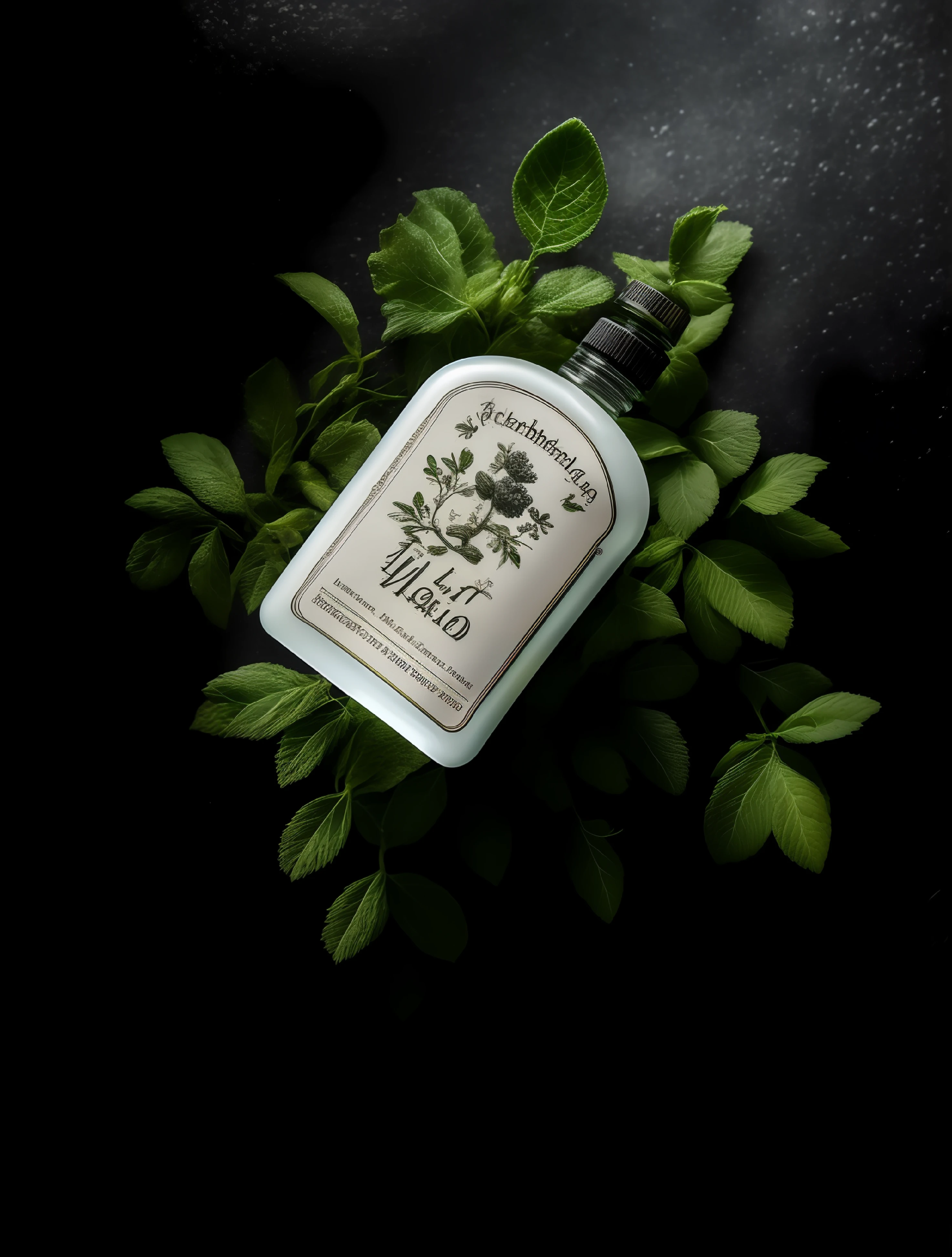 On the tree-lined surface is a bottle of liquid, dramatic product shot, dramatic product photography, detailed product photo, Official product photo, Product photography, high quality product photo, miniature product photo, image apothecary, Product photo, professional product shot, Close portrait, high qualityProduct photography, Product photography 4 K, highly detailed composition, commercial product photography