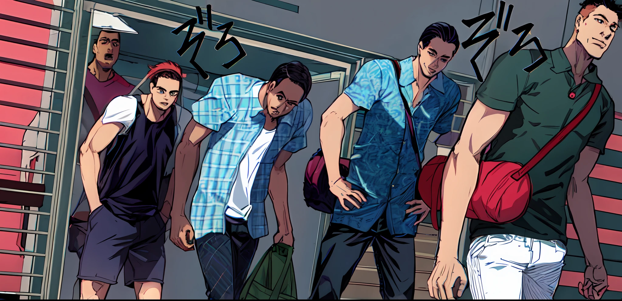 a anime of a boys manga, bag, text manga, color manga, manga color, color manga, color manga panel, simple background