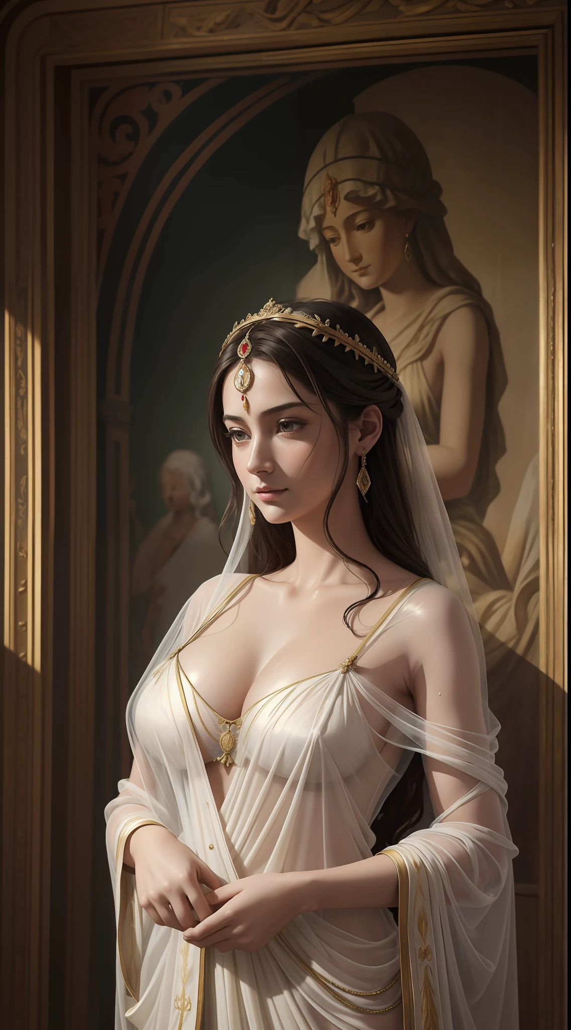 Historical Museum,Historical relief frescoes,oil painted,goddes,mito,Artistically,8K quality,stately,((see-through transparent clothes,transparent gauze)),Silk gauze,perfect bodies,(((Sweat soaks clothes1.9)))Slr,closeup cleavage,complexdetails,(((Not naked, But undress 1.5)))