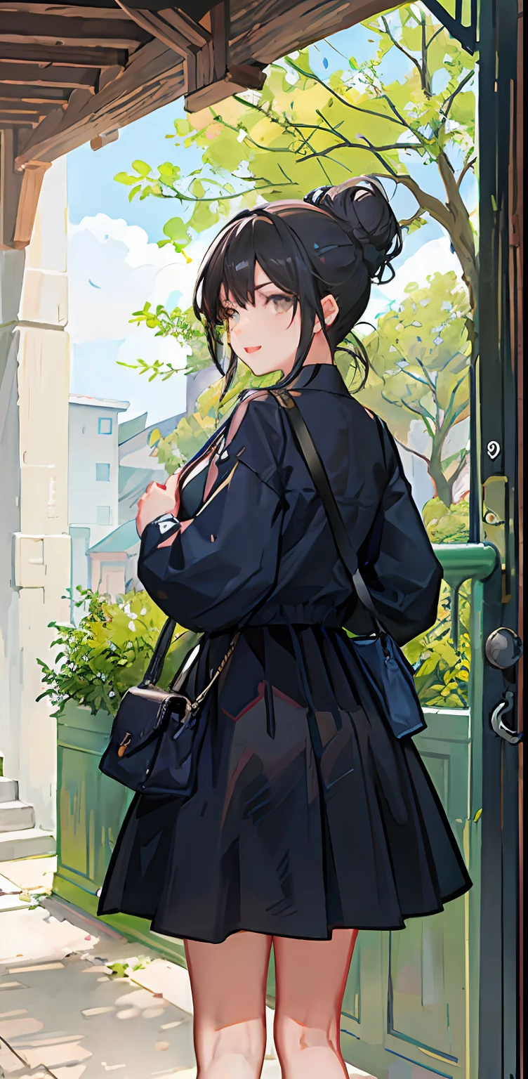 1 cute girl, black hair in a bun, hands forward, wearing a skirt