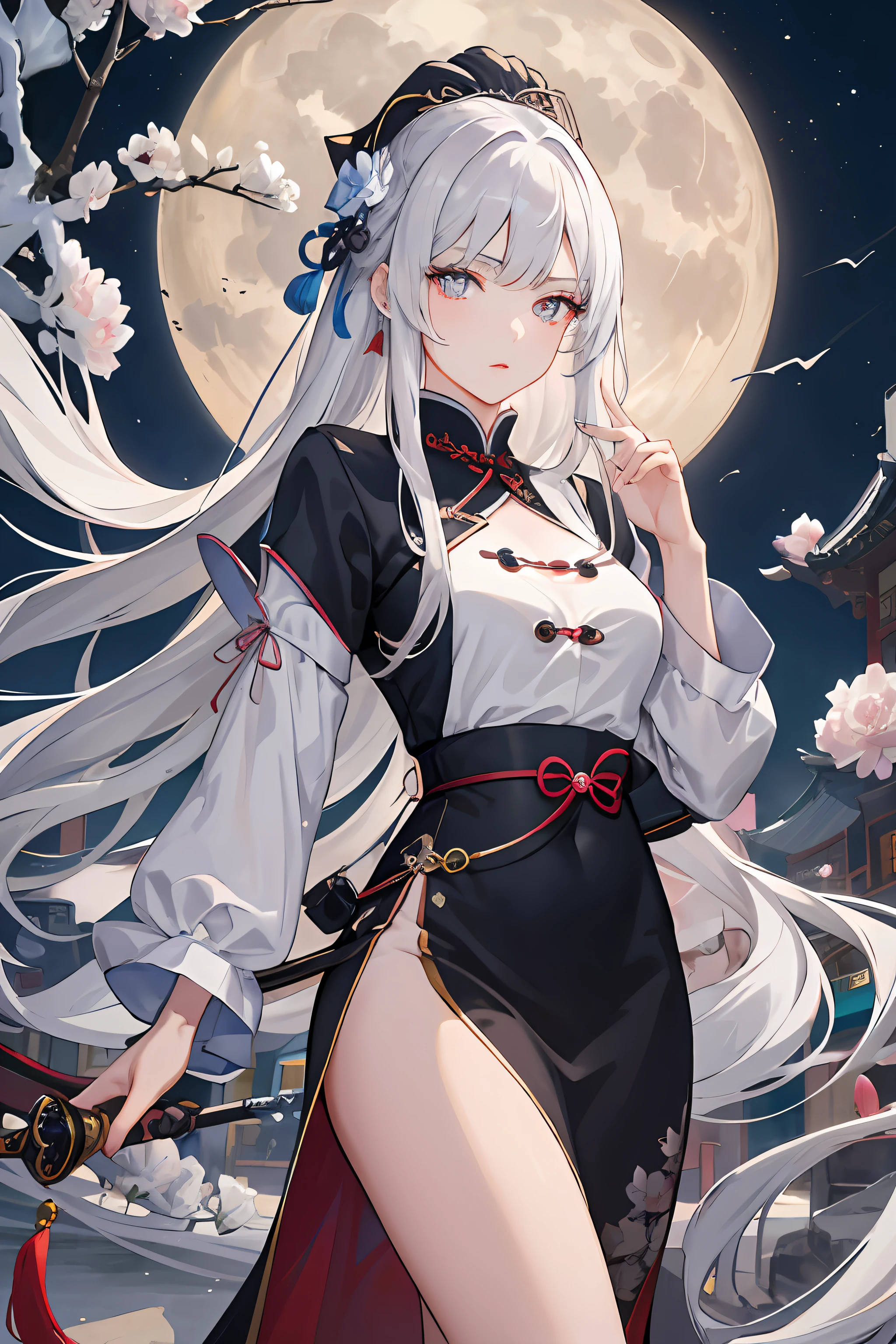 Masterpiece, Best quality, Night, full moon, 1 girl, Mature woman, Chinese style, Ancient China, sister, Royal Sister, Cold expression, Expressionless face, Silver white long haired woman, Light pink lips, calm, Intellectual, tribelt, Gray pupils, assassins, short knife, flower ball background, Stroll through the street view