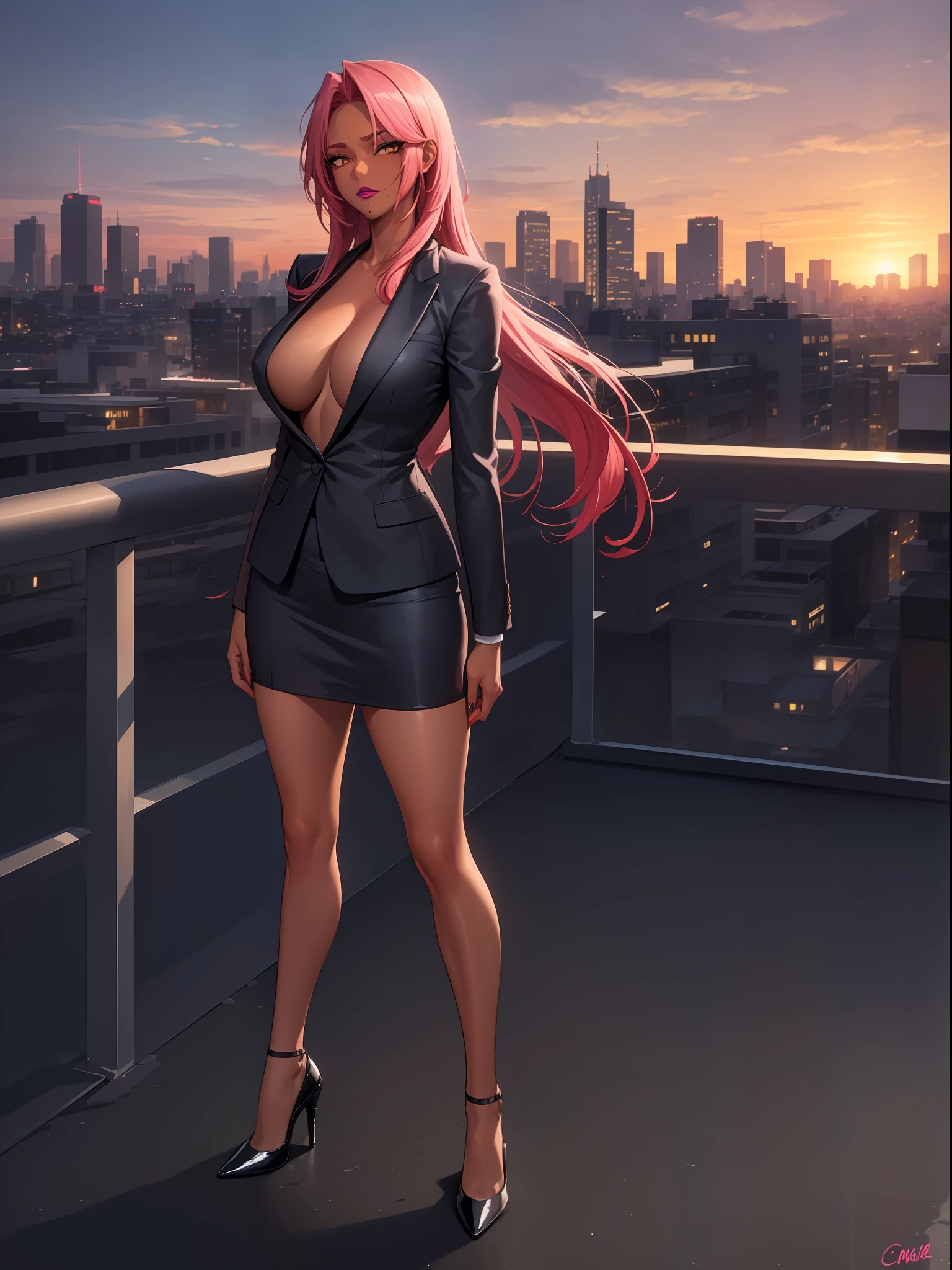 (highres, high quality:1.3), intricate details, cinematic lighting, sharp focus, depth of field, Ingrid, 1girl, solo, mature female, (dark-skinned female, dark skin:1.1), looking at viewer, standing, spread legs, full body, cityscape, backyard, evening, sunset, sky, serious, pink red hair, very long hair, hair intakes, makeup, lipstick, (mole under mouth:0.95), eyelashes, yellow eyes, detailed eyes, perfect face, business suit, formal, skirt suit, jacket suit, (high heels:1.2), large breasts, (areola slip:1.2), (nipple slip:1.1),